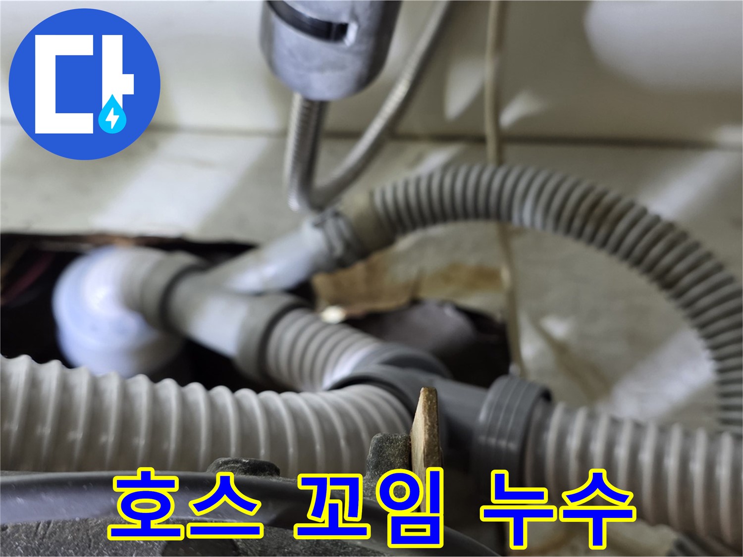 세탁기 배수 호스 꼬임으로 인한 누수 - 호스 꼬임을 풀고, 위치를 조정하여 누수를 해결했습니다.