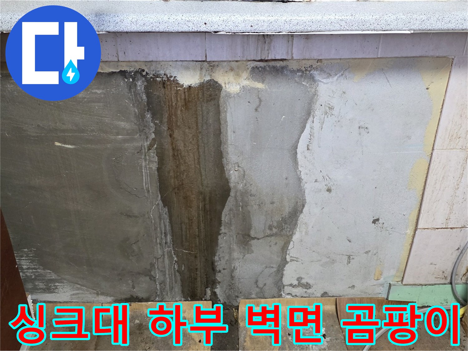 싱크대 하부 벽면 곰팡이 - 누수로 인해 벽면에 곰팡이가 발생한 모습입니다.