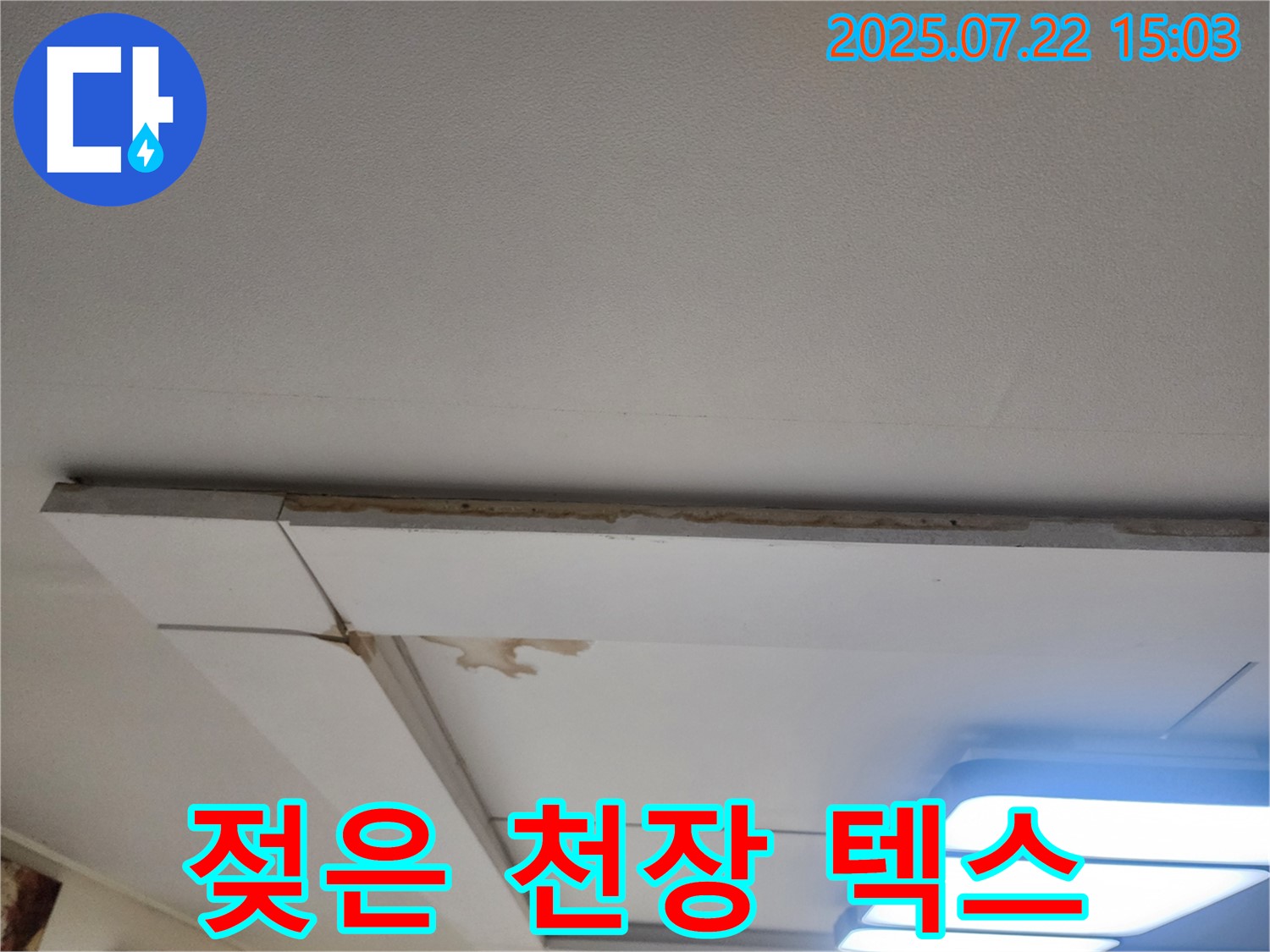 일산 가좌동 천장 누수 - 젖은 천장 텍스를 보여주며, 곰팡이 발생 가능성을 경고합니다.