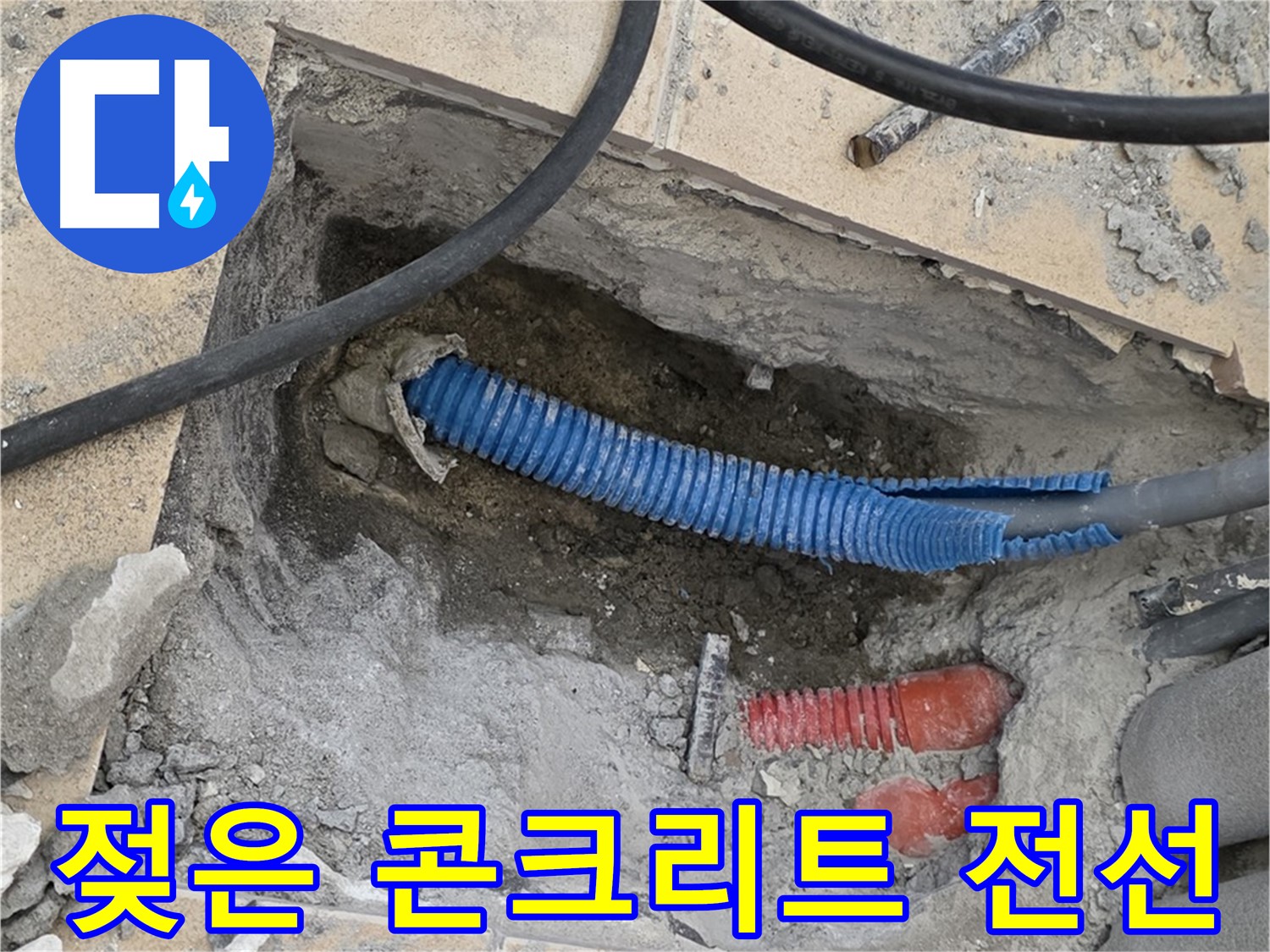 양주 삼숭동 자이아파트 누수 - 굴착 후 젖은 콘크리트와 꼬불거리는 파란 전선관이 뿅!