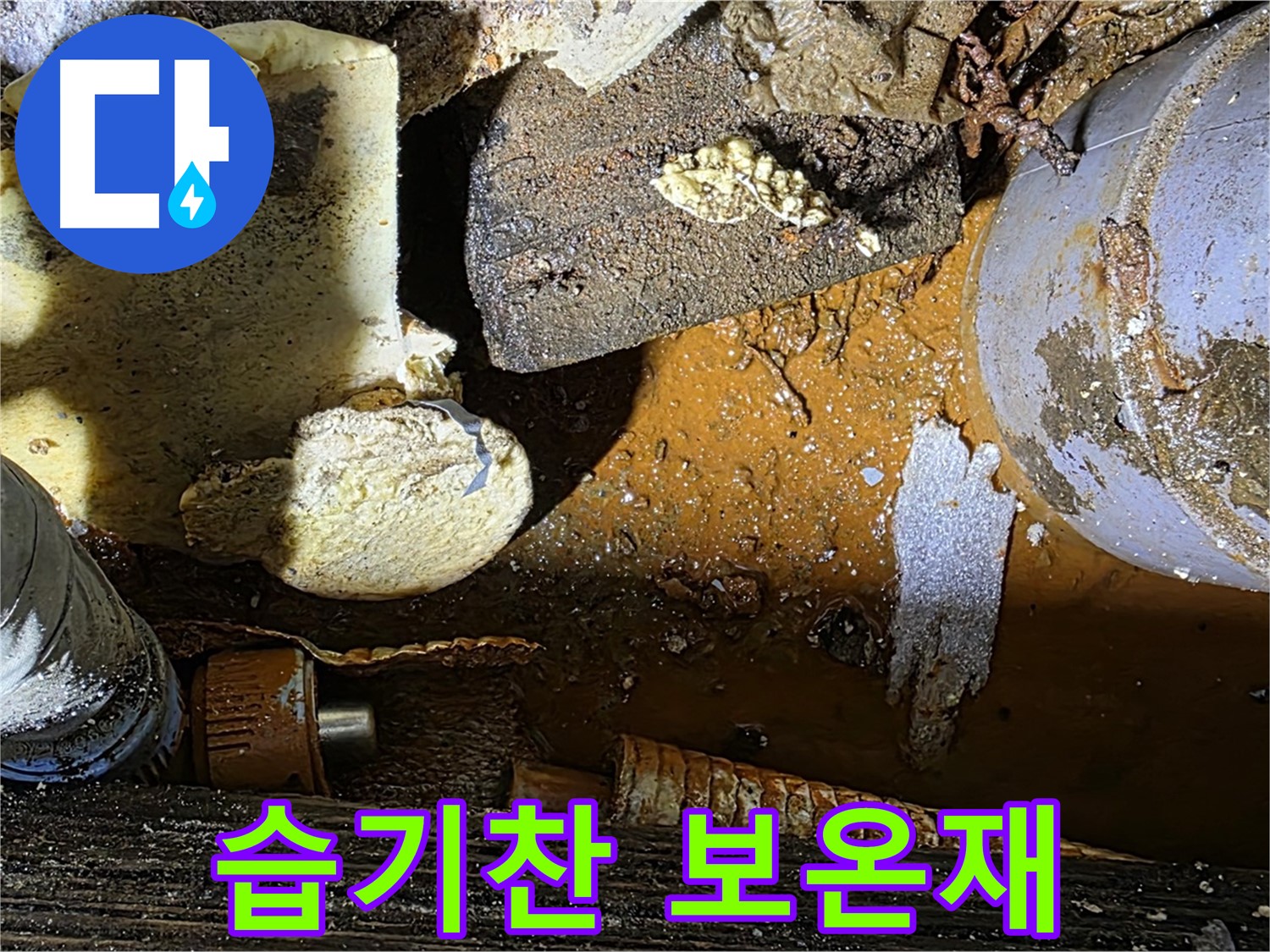 용인 처인구 원삼면 누수 현장 - 습기찬 보온재와 낡은 배관 - 초기 누수 증상일 수 있습니다.