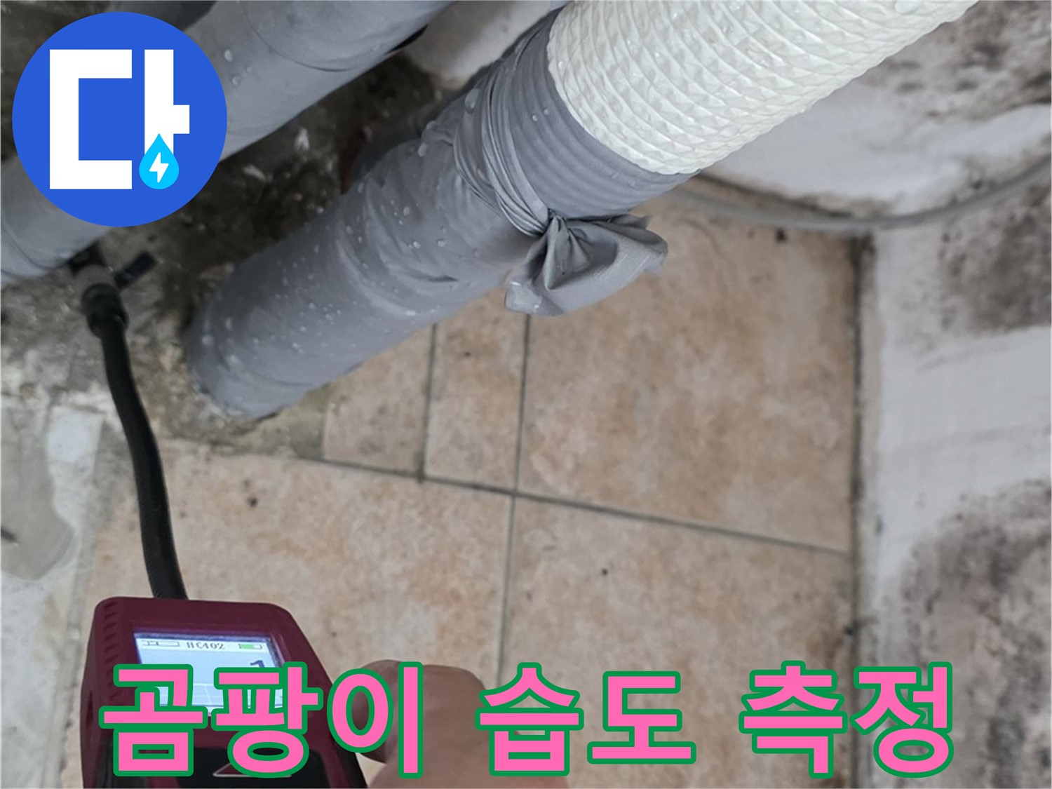 길음동 숭인로 누수 현장에서 곰팡이가 핀 벽의 습도를 측정하여 누수 원인을 진단하고 있습니다 - 정확한 진단이 곰팡이 문제 해결의 첫걸음입니다.