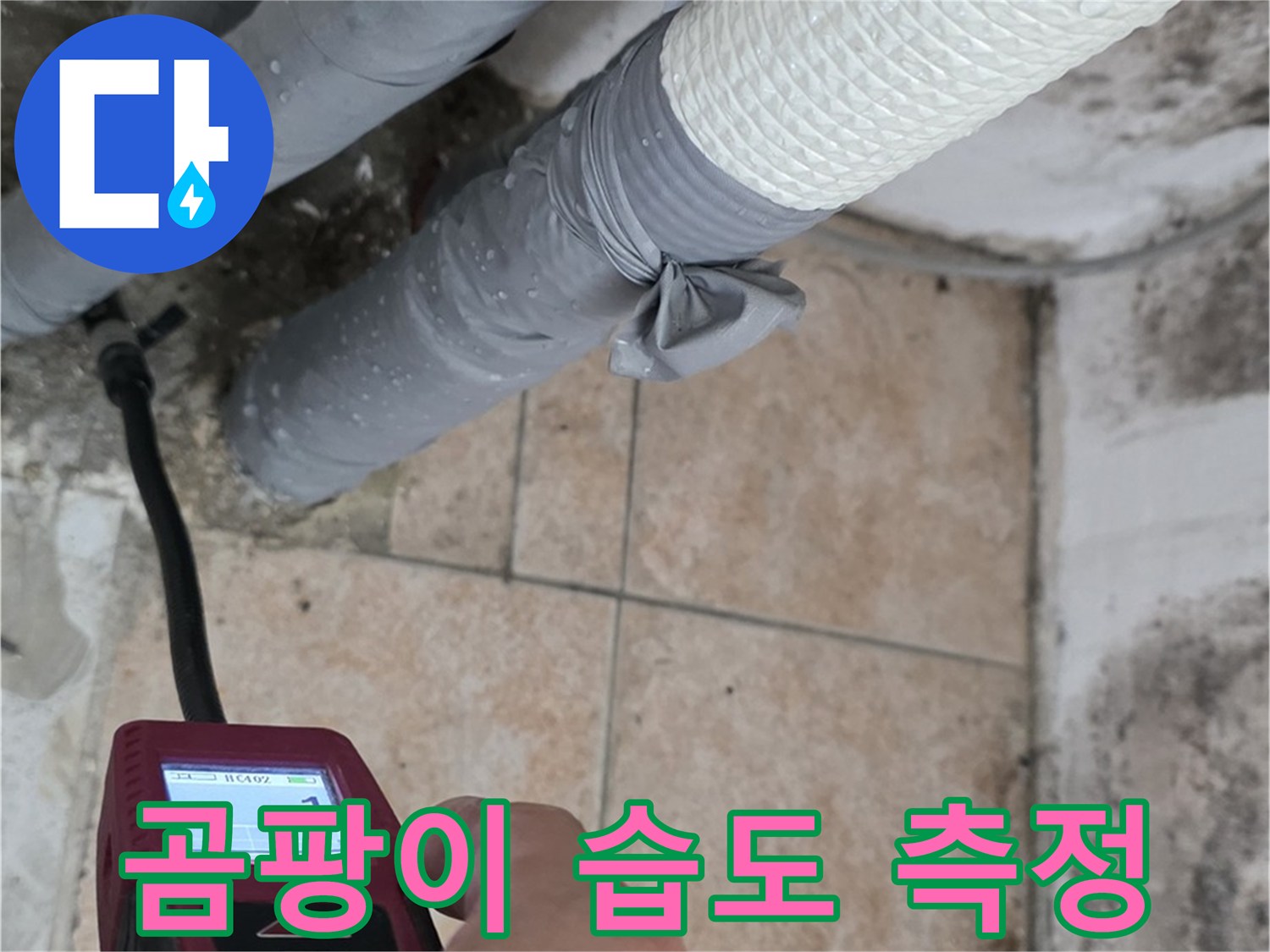 길음동 숭인로 누수 현장에서 곰팡이가 핀 벽의 습도를 측정하여 누수 원인을 진단하고 있습니다 - 정확한 진단이 곰팡이 문제 해결의 첫걸음입니다.