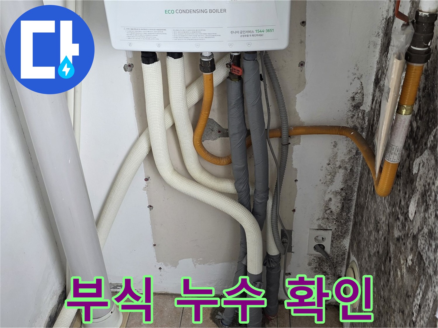 길음동 아파트 누수 원인 - 곰팡이 핀 벽, 보일러 배관 부식으로 인한 연결부 누수 확인