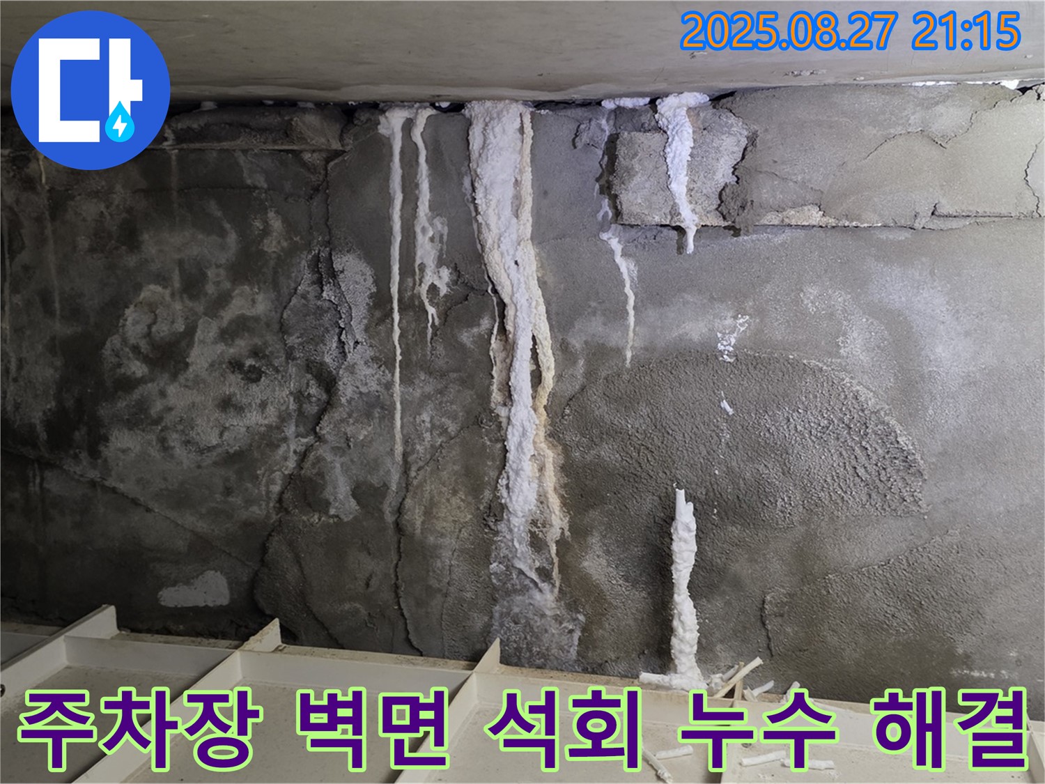 분당 운중동 산운마을 6단지 지하 주차장 벽면 - 오랜 시간 괴롭혔던 석회 누수와의 질긴 악연을 끊고, 깔끔하게 마무리된 현장을 보여줍니다.