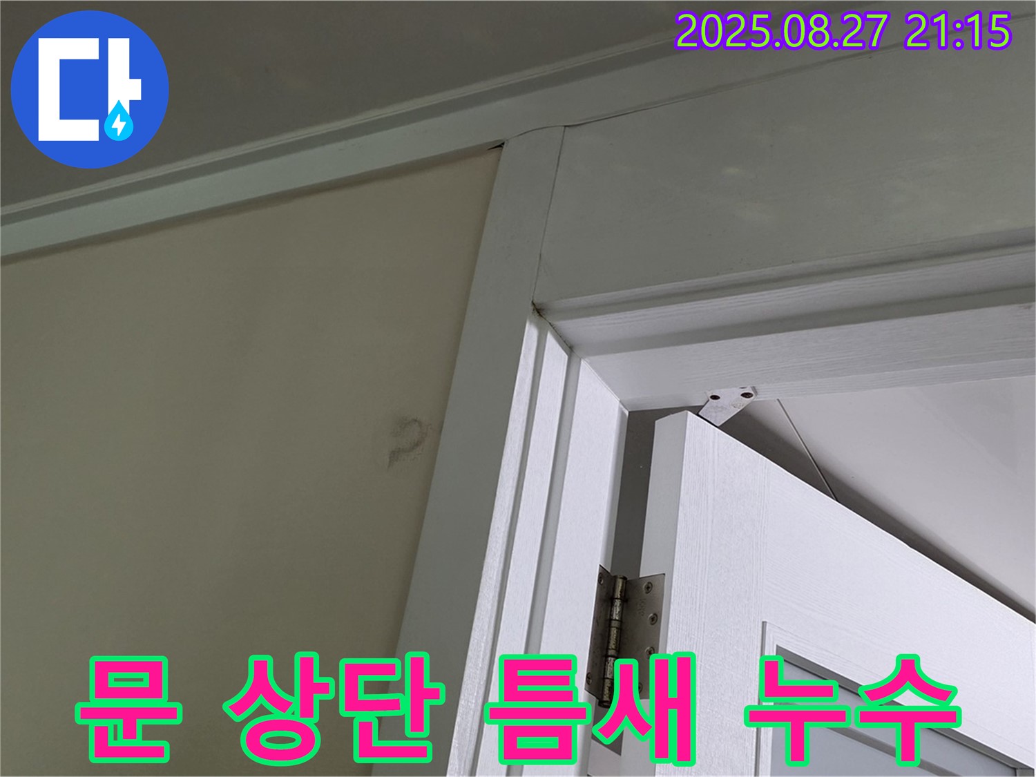 분당 운중동 산운마을 아파트 문 상단 틈새 누수 진단 - 누수 전문가가 틈새를 확인하고 있습니다.