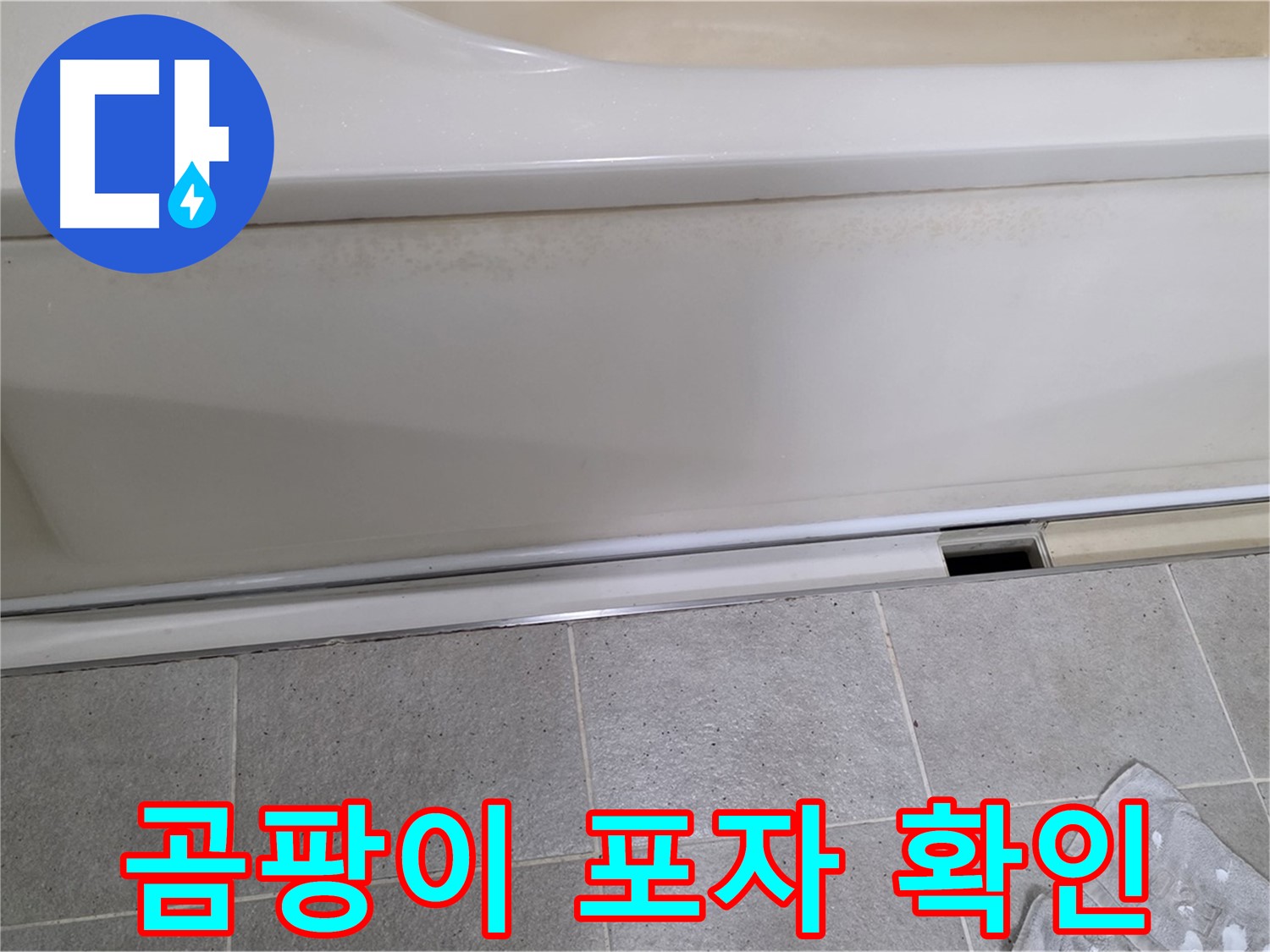 성남 분당 운중동에서 욕조 측면 하단 실리콘 오염 및 곰팡이 포자를 확인하는 모습입니다 - 곰팡이 포자는 누수의 증거입니다.
