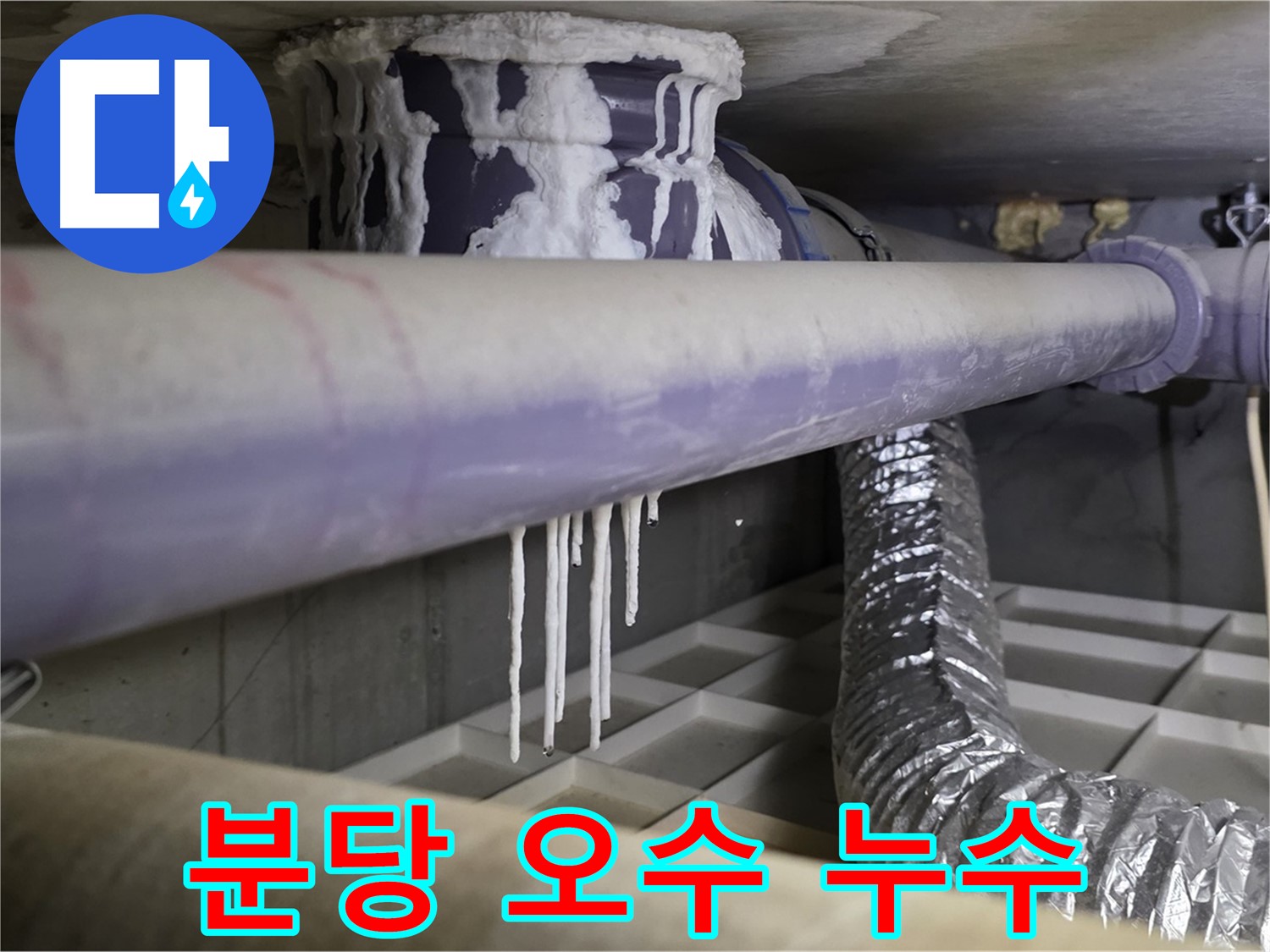 손상된 오수 배관 - 오래된 누수로 인한 석회 고드름 발생