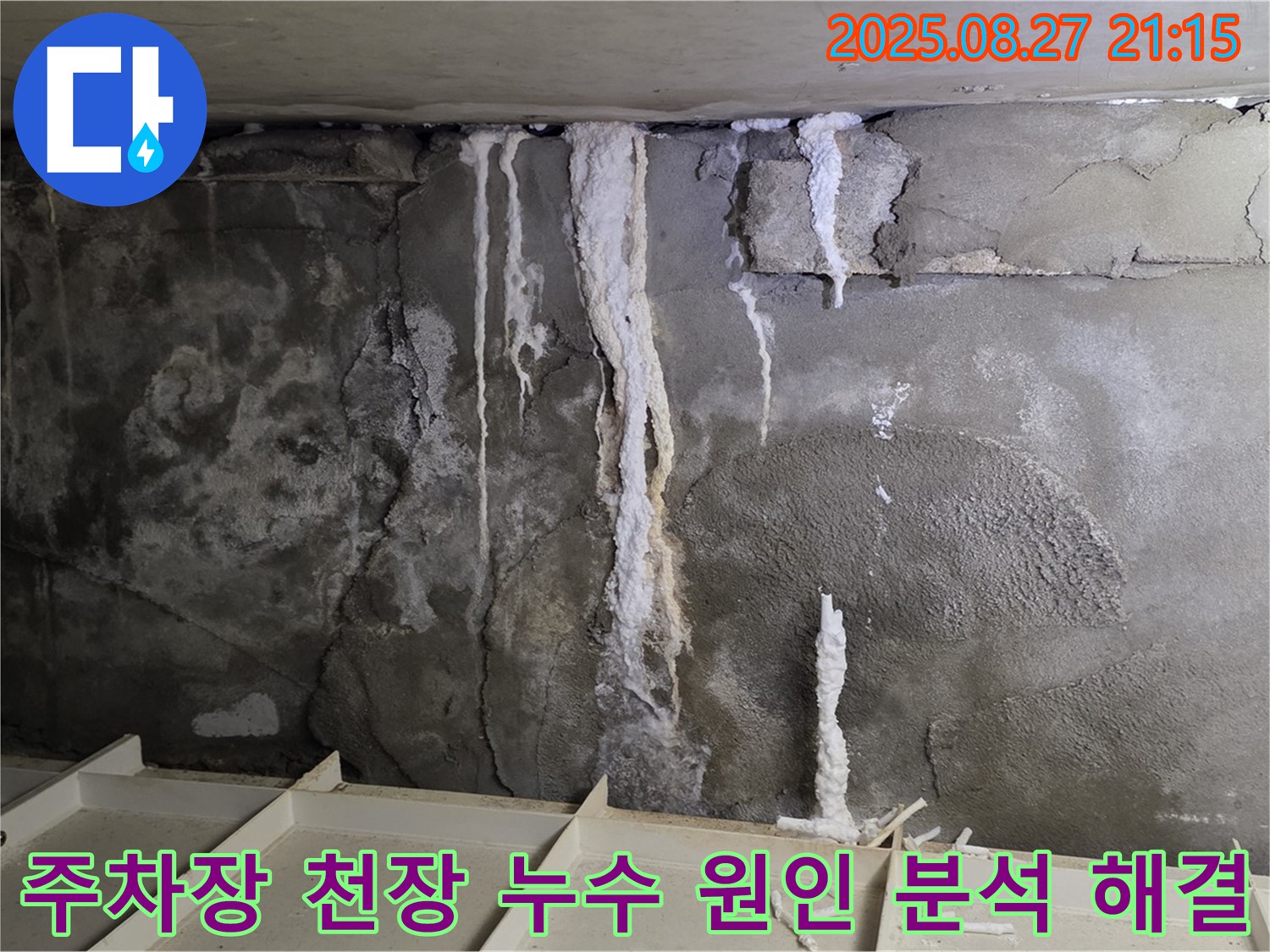 운중동 산운마을 6단지 지하 주차장 천장 누수 - 첨단 장비를 이용한 정밀 분석으로 누수 원인을 완벽하게 파악하고 해결하는 과정을 담았습니다.