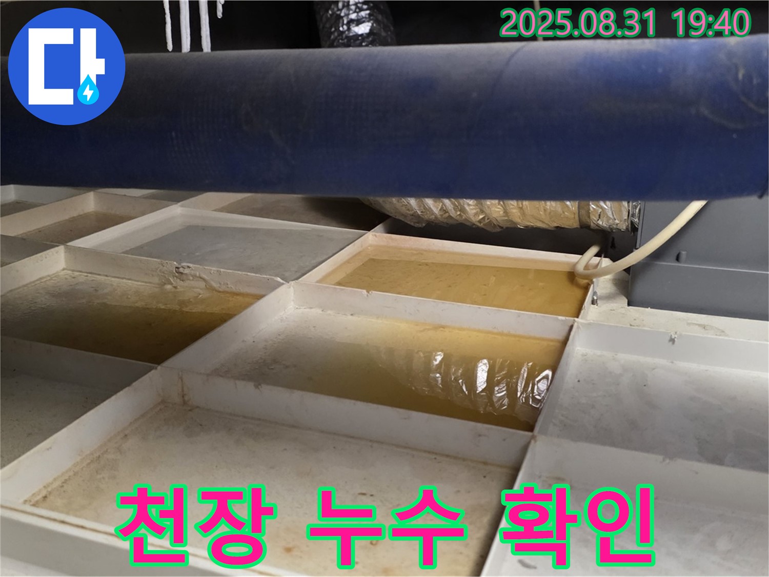 천장 누수 확인 - 천장 트레이에 고인 물을 통해 누수 발생 여부를 확인하고 있습니다.