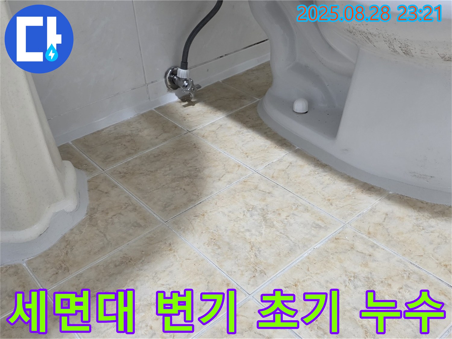 세면대와 변기 주변 초기 누수 - 세면대와 변기 주변 바닥에 약간의 습기가 있는 모습 - 초기 발견이 중요합니다.