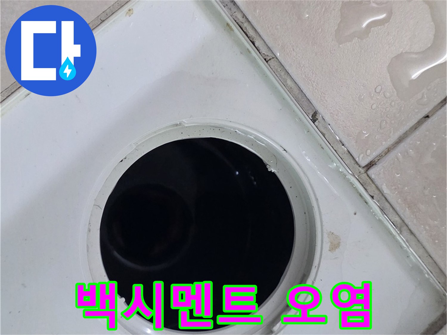 양주 백석 서광아침의빛아파트 욕실 배수구 주변 백시멘트 오염 - 누수 원인을 확인합니다.