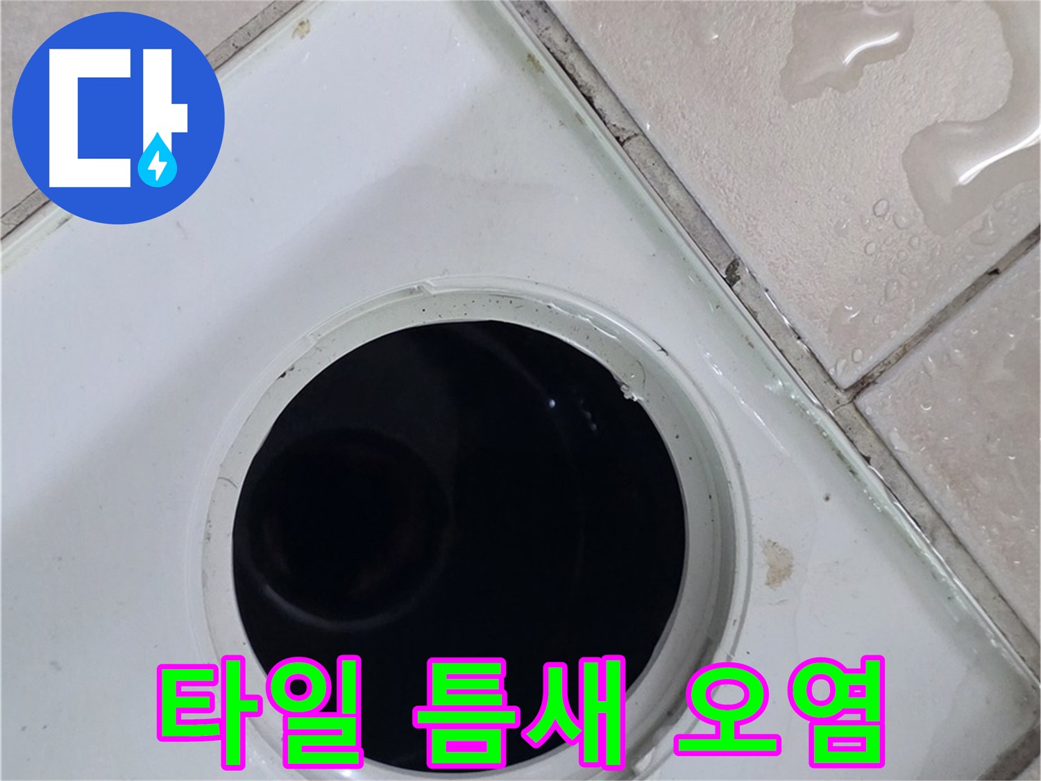 양주 서광아침의빛아파트 욕실 누수 - 배수구 주변 타일 틈새의 오염 상태를 확인합니다.