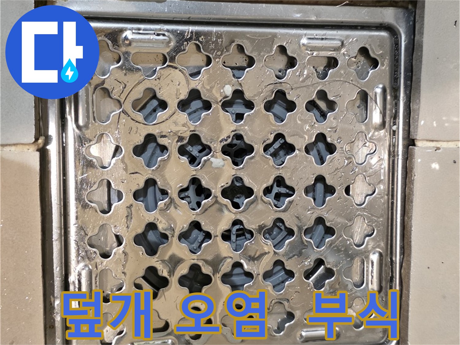 화장실 배수구 덮개 주변 오염 및 부식 - 누수 가능성