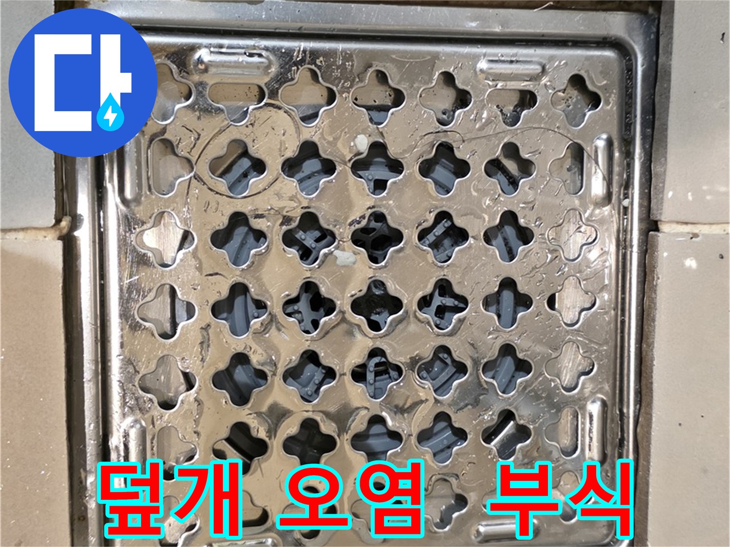 화장실 배수구 덮개 주변 오염 및 부식 - 누수 가능성