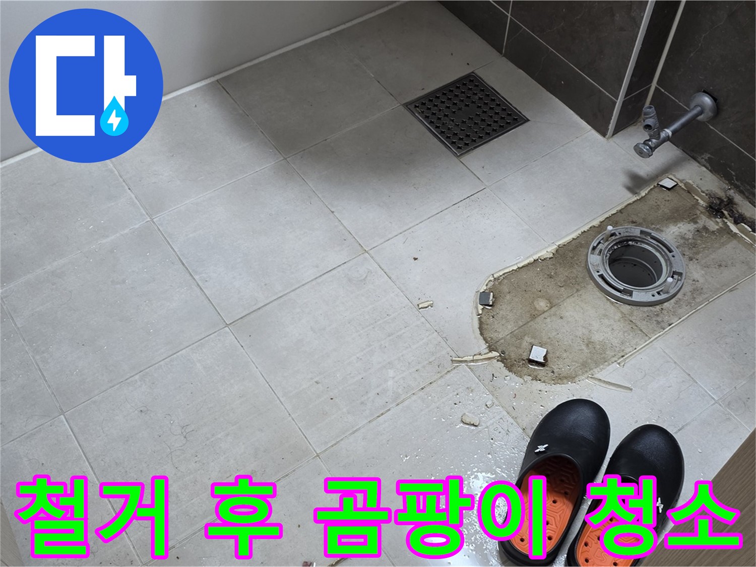 양주 옥정동 율정마을 아파트 변기 누수 - 철거 후 바닥의 곰팡이를 제거하고 청소 작업을 진행합니다.