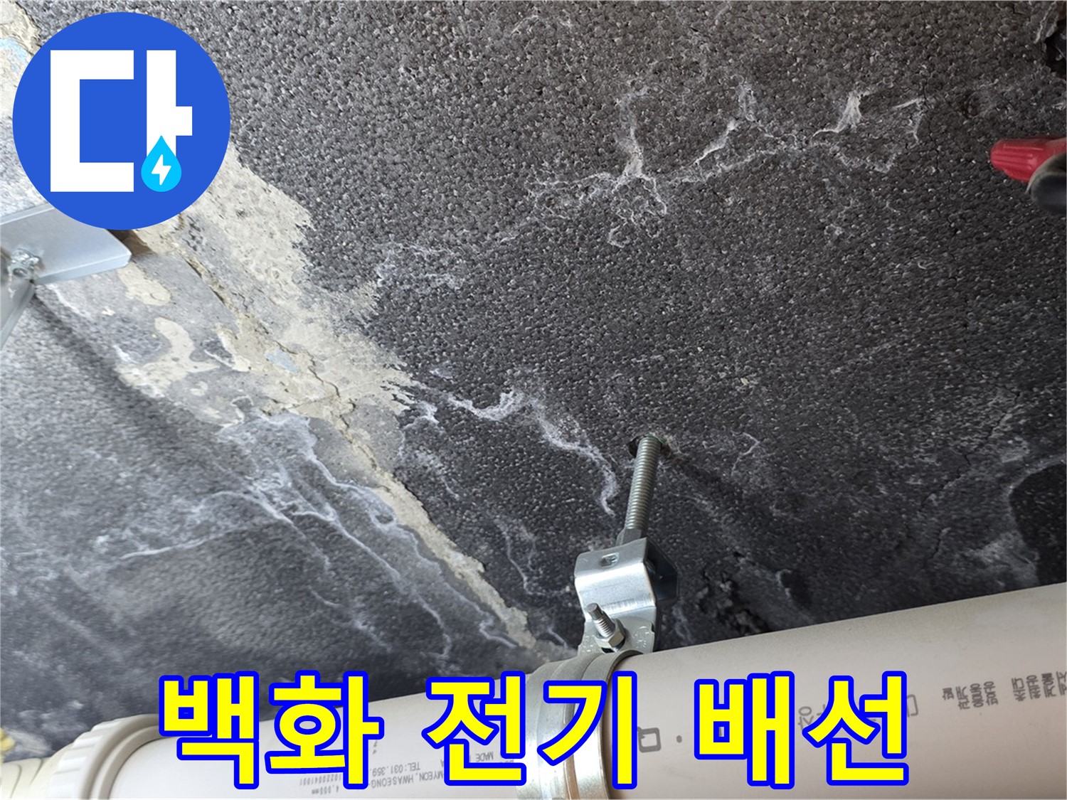 백화 - 전기 배선 - 배관 주변의 백화 현상과 전기 배선 손상 우려를 확인합니다.