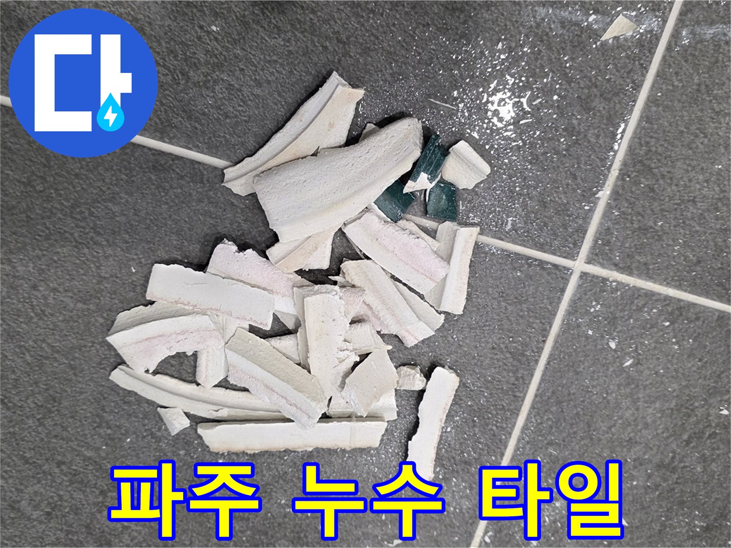 파주 누수 현장 - 깨진 타일 더미 속 숨겨진 누수 지점을 찾아 정밀 탐지하는 모습입니다. 완벽하게 해결해 드리겠습니다.