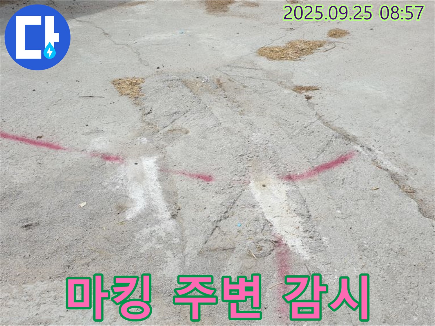 붉은색 마킹 주변 누수 재발생 집중 감시 및 보수 준비 - 양주시 백석읍 복지리 누수 점검
