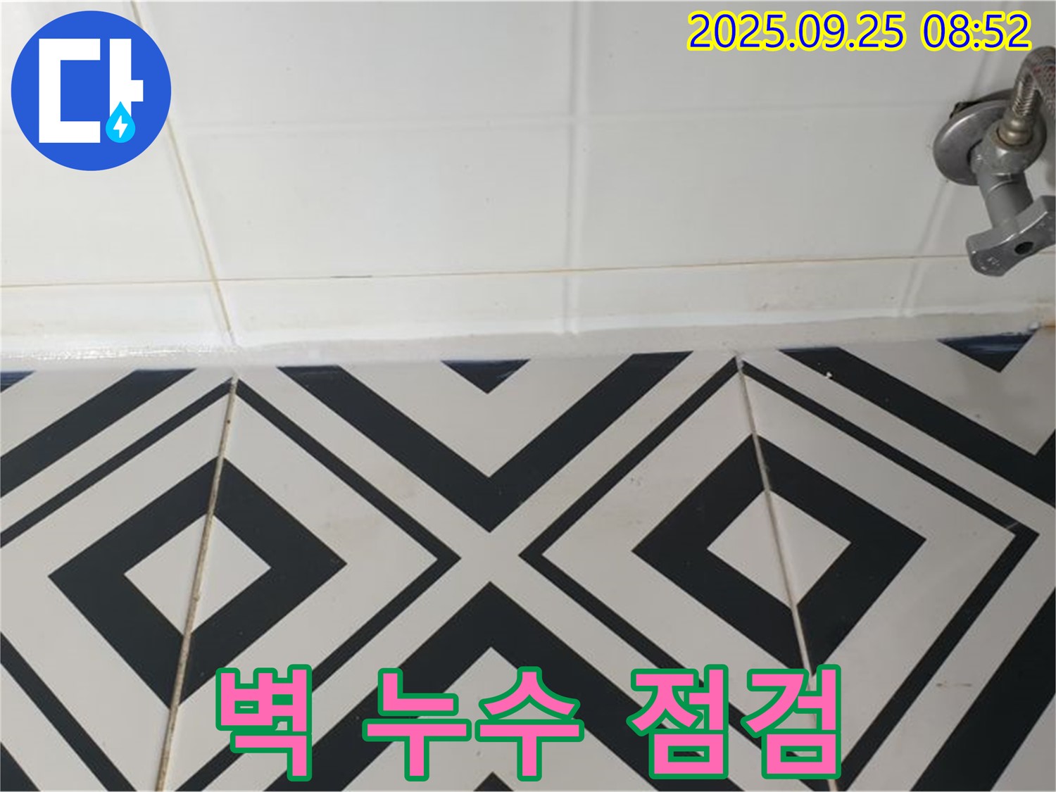 양주시 백석읍 오산리 욕실 누수 - 벽 타일의 상태를 꼼꼼하게 확인하며 누수 여부를 점검하는 사진입니다.