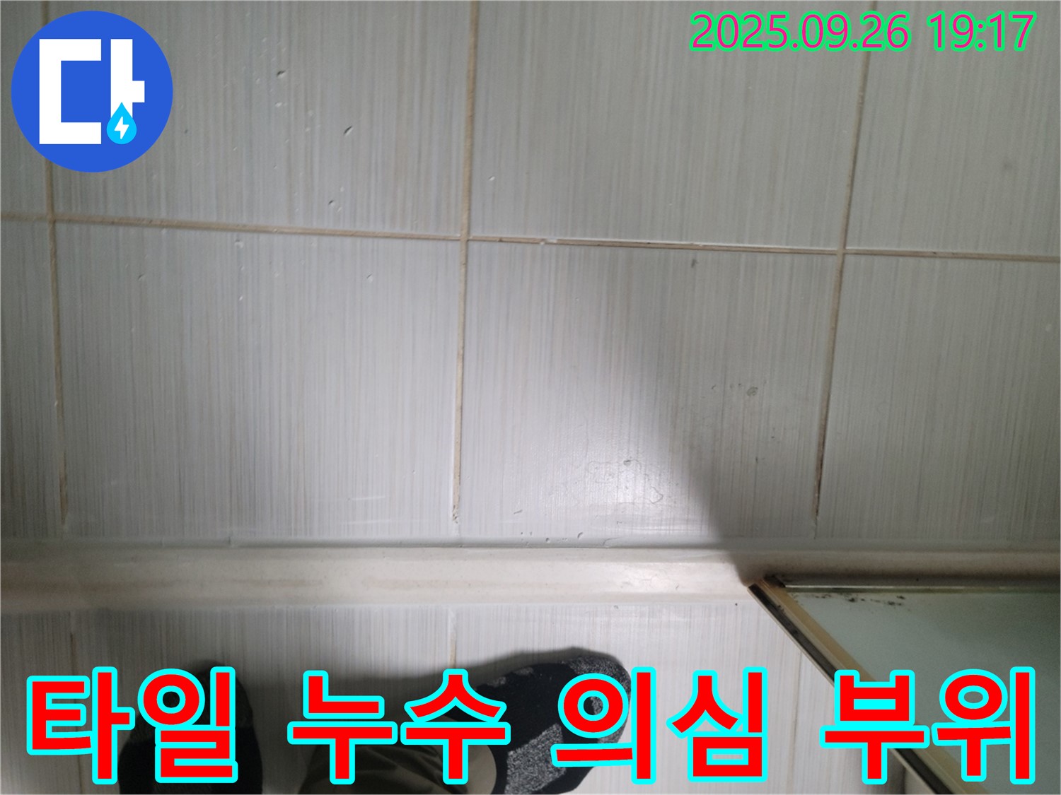 동두천 생연동 누수 - 타일 표면의 변색과 습기를 통해 누수 가능성을 확인하고 있습니다.