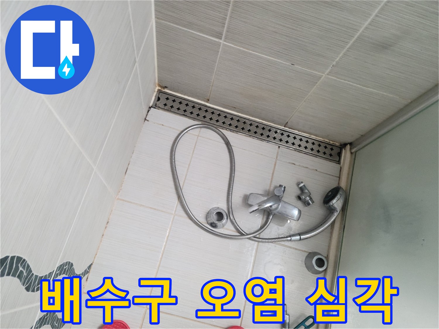 샤워기 배수구 주변 오염 심각 - 청소 필요