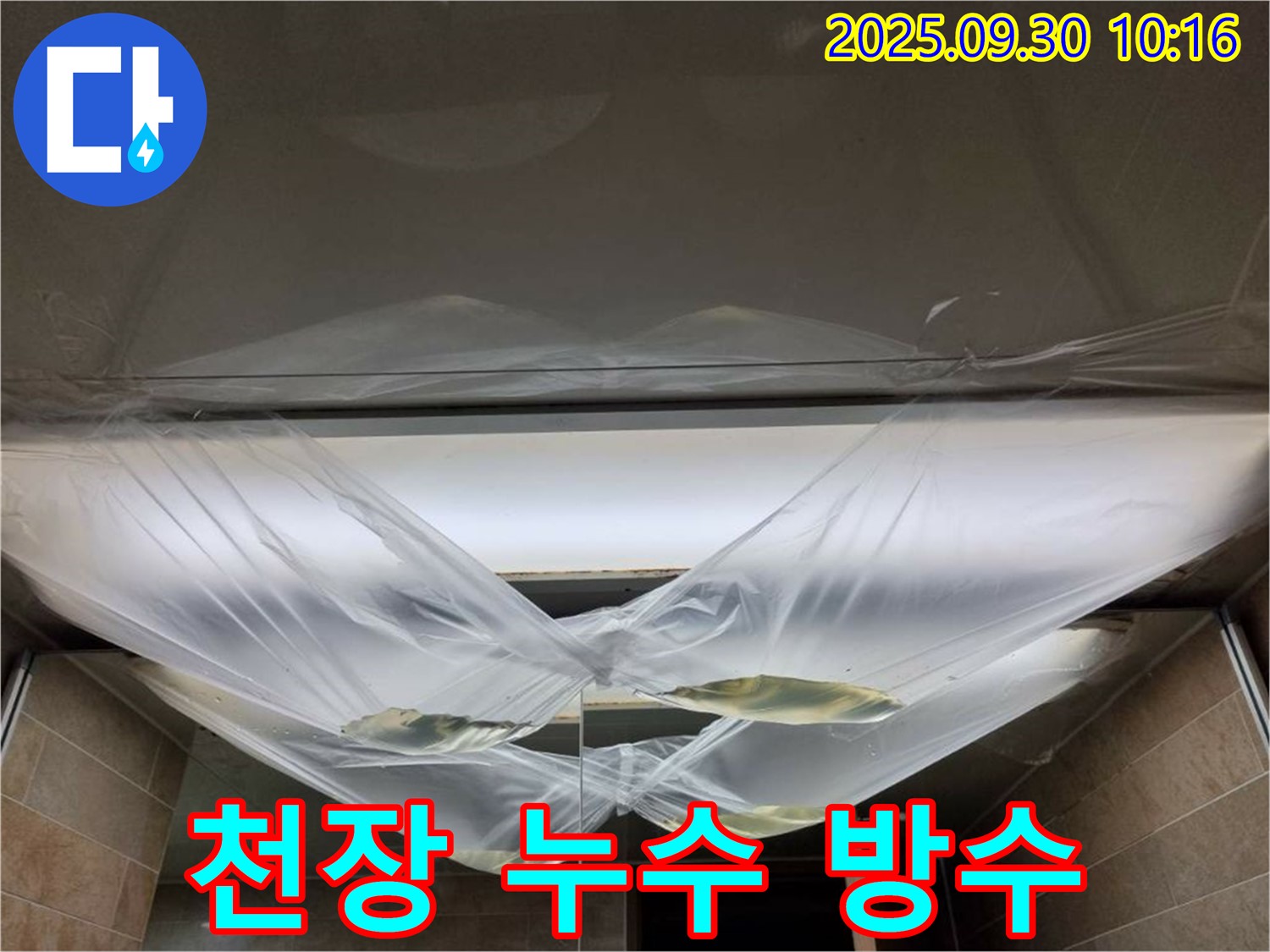 천장 누수 방수 작업 진행 중 - 꼼꼼한 시공으로 완벽한 누수 차단.