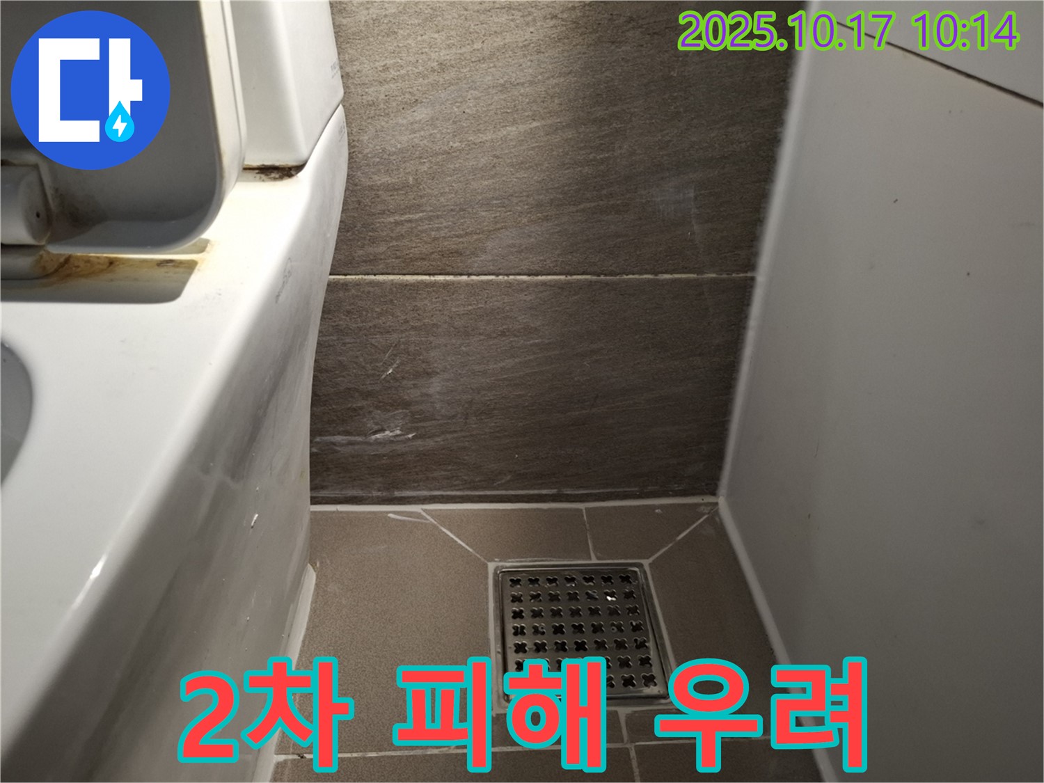 배수구 주변 타일 틈새 백시멘트 손상으로 인한 2차 피해 우려 - 꼼꼼한 점검