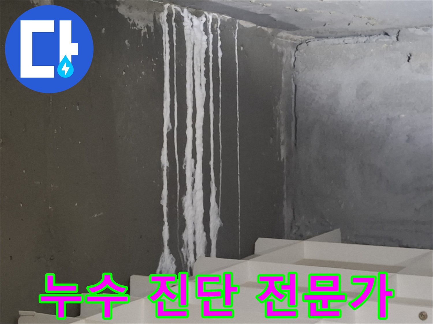 분당 아파트 누수 현장 - 백화현상 뒤에 숨겨진 누수의 진실을 밝히는 누수 전문가의 꼼꼼한 진단 과정을 담은 이미지입니다.
