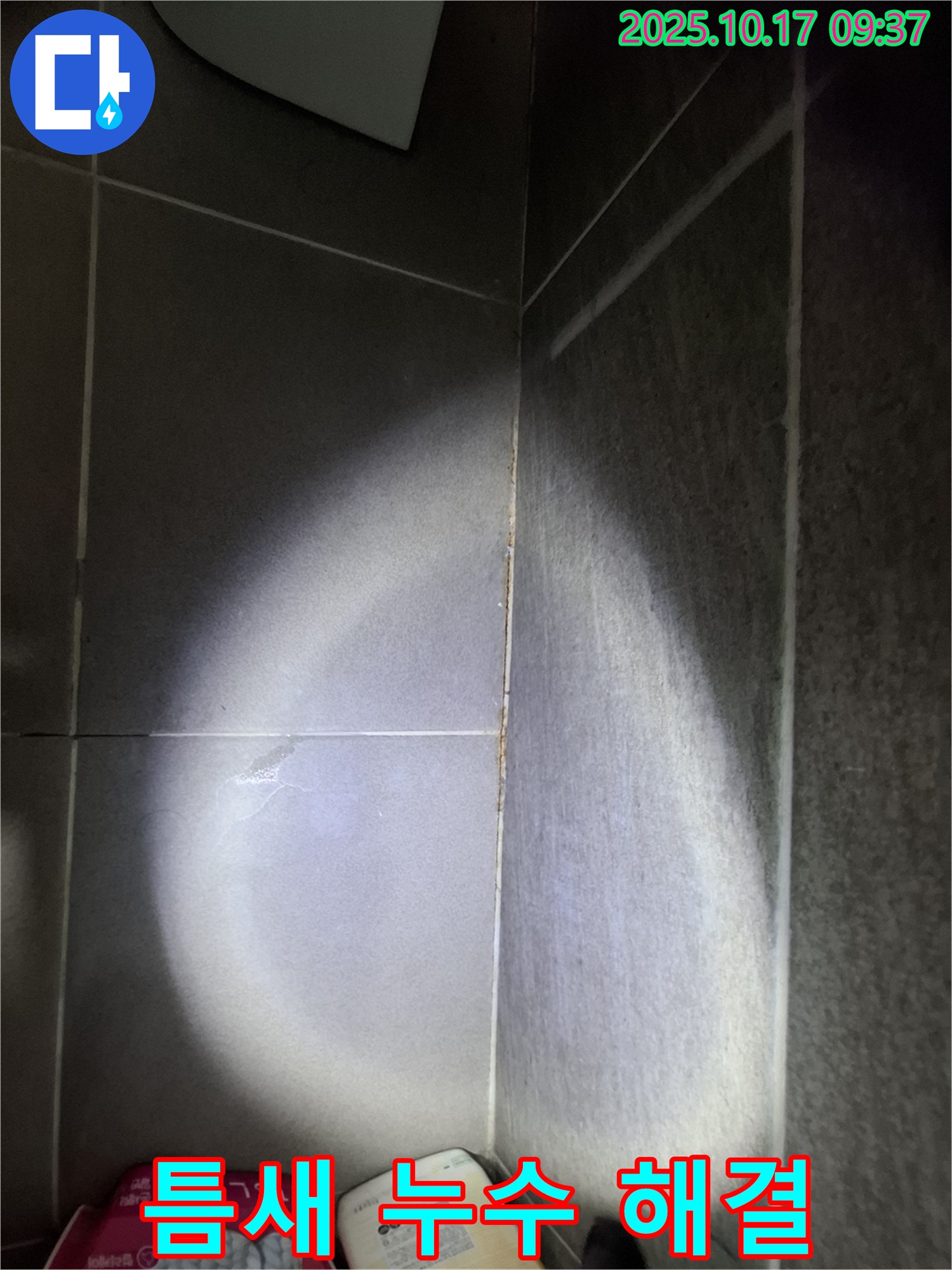 삼평동 봇들마을 아파트 타일 틈새 누수 해결 - 누수 문제 해결 전후 사진을 비교하여 보여줍니다.