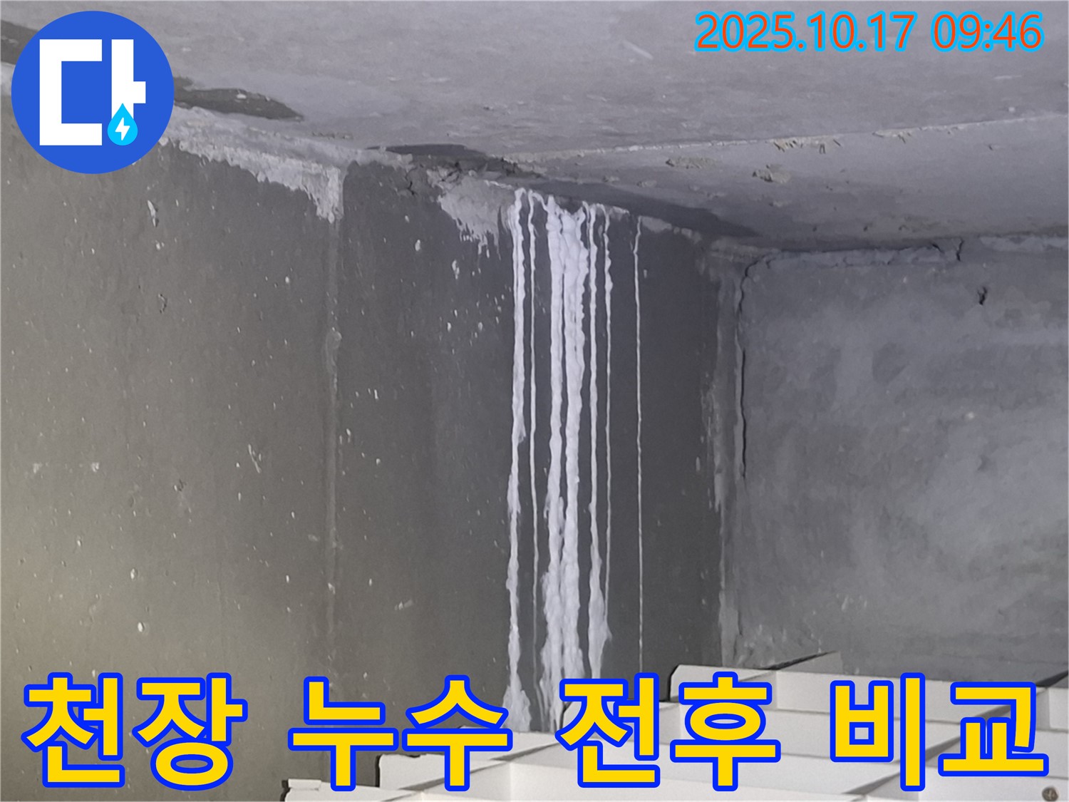 성남시 분당구 삼평동 봇들마을2단지 아파트 계단실 천장 - 누수 해결 전후 비교 사진을 공개하여 고객 만족도를 높입니다.