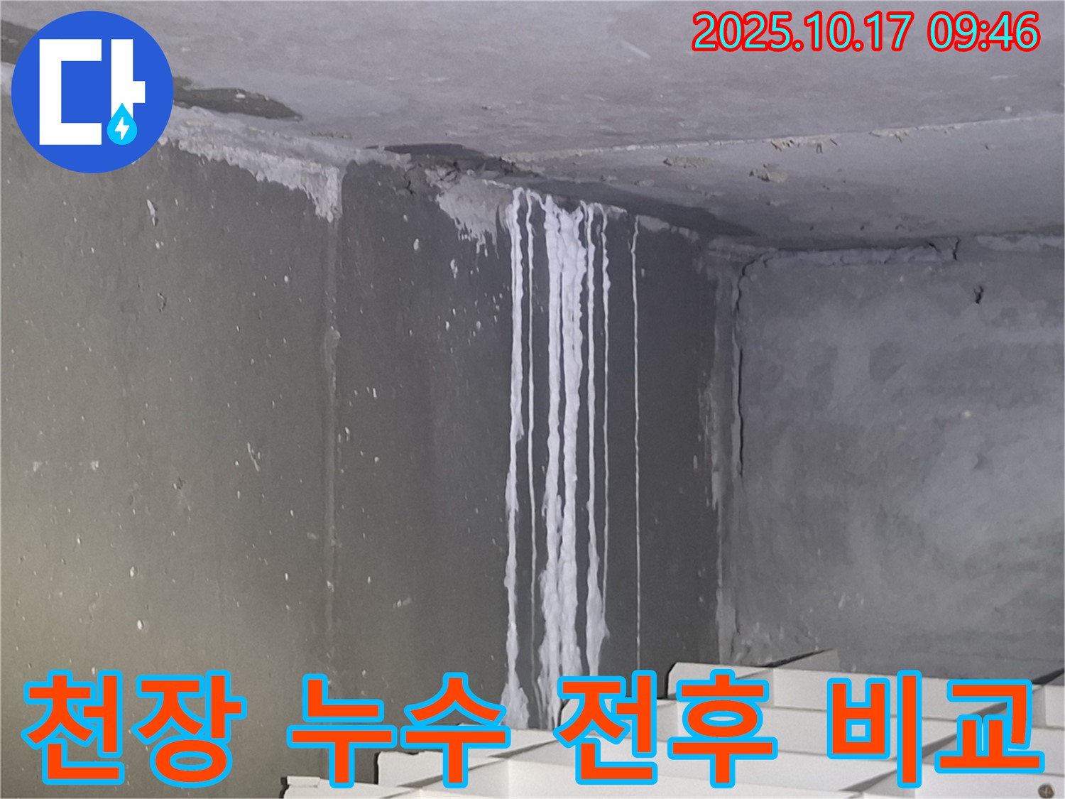 성남시 분당구 삼평동 봇들마을2단지 아파트 계단실 천장 - 누수 해결 전후 비교 사진을 공개하여 고객 만족도를 높입니다.