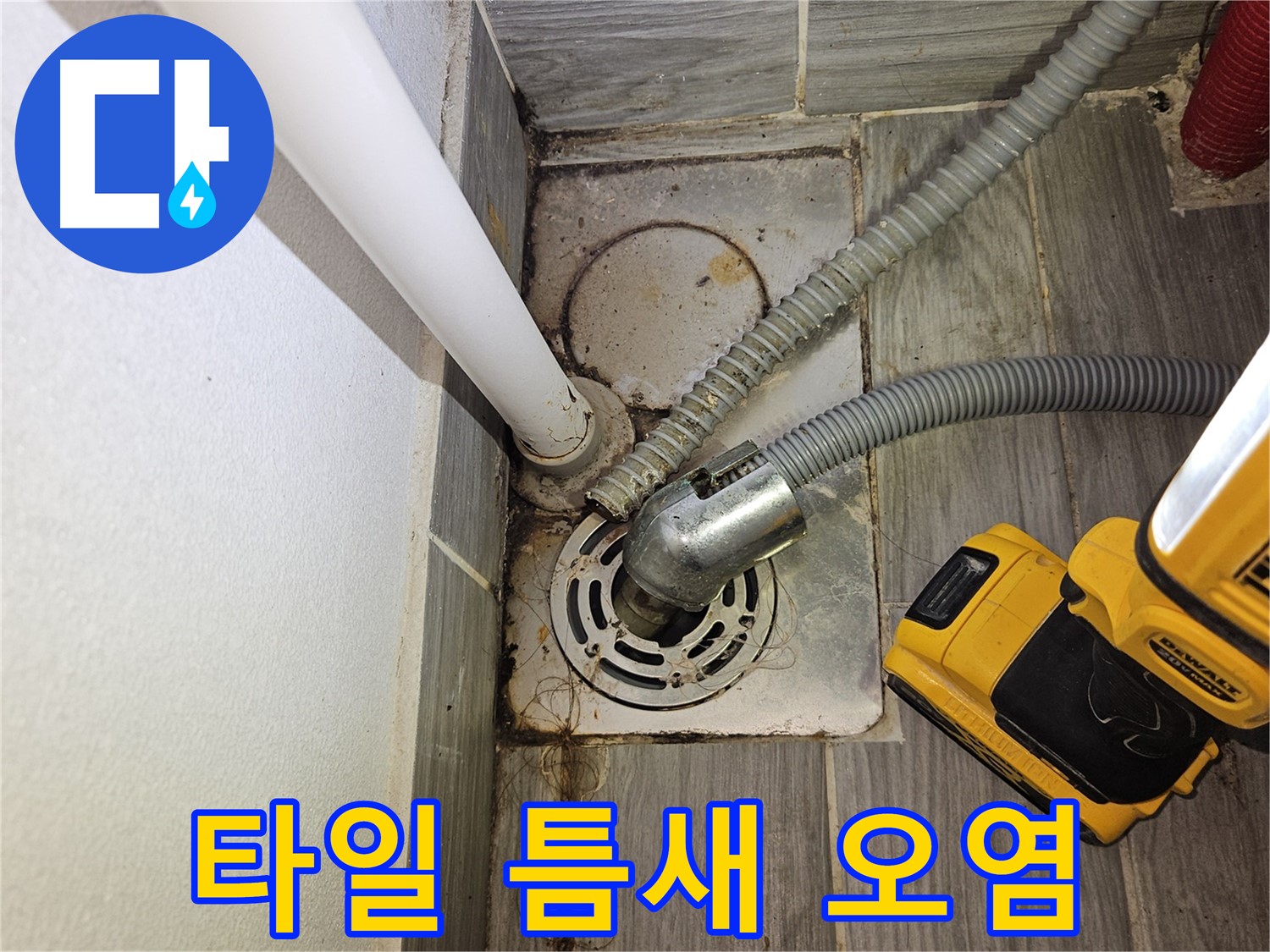 세탁실 하수구 주변 타일 틈새 오염 - 청소 시급