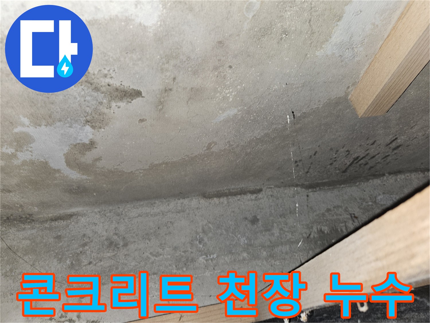 콘크리트 천장 누수 - 젖은 콘크리트 표면과 함께 물이 떨어지는 모습이 누수의 심각성을 나타냅니다.