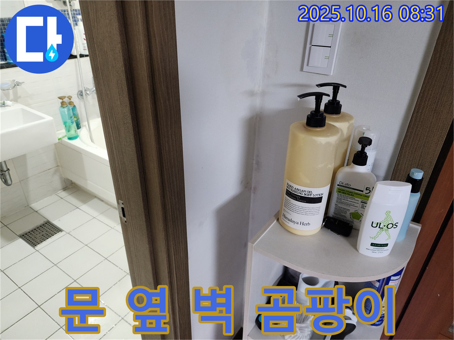 양주시 남면 욕실 누수 - 문 옆 벽 곰팡이와 젖은 벽지, 누수 의심