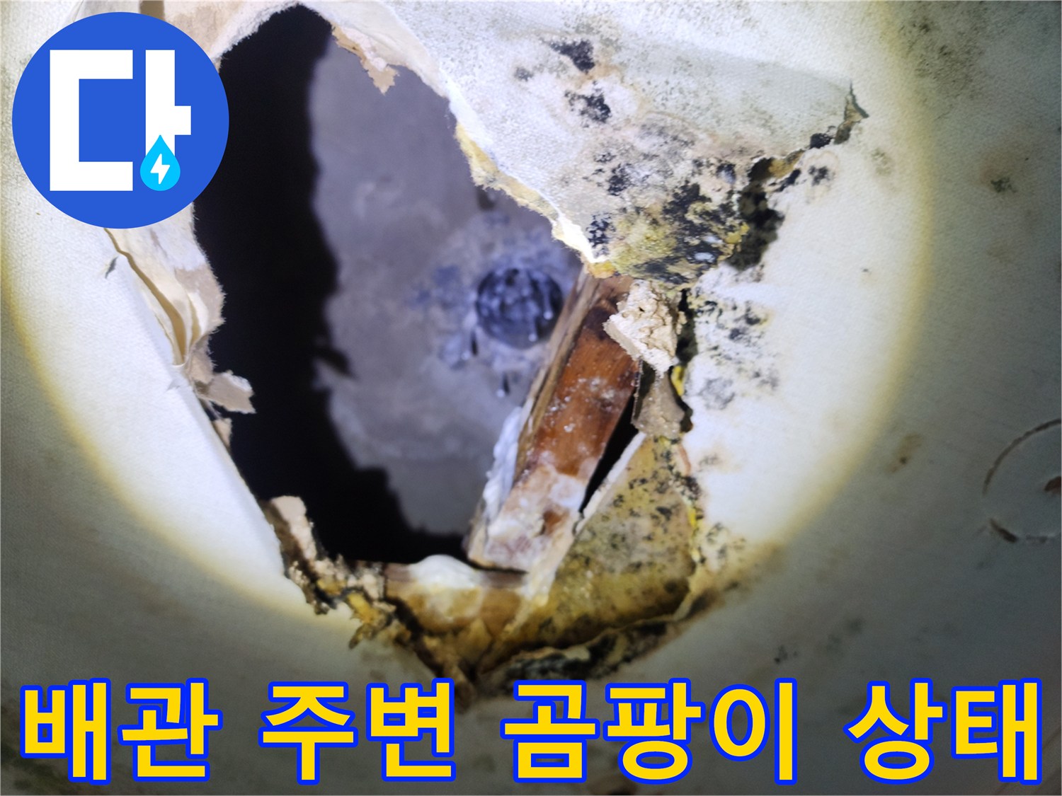 천장 내부 배관 주위의 습기와 곰팡이가 발생한 모습