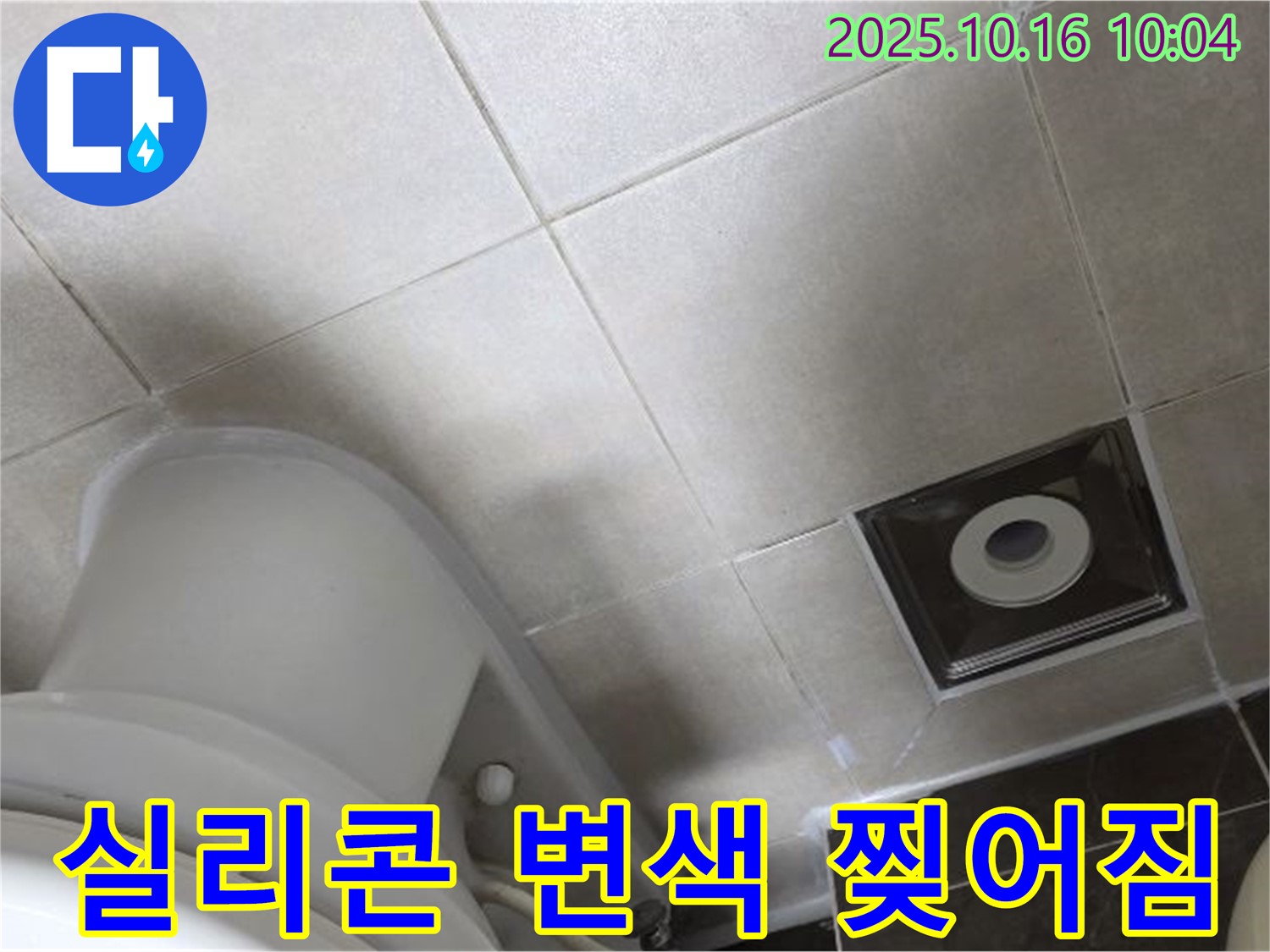양주 옥정동 율정마을 화장실 누수 - 변기 옆 타일 틈새 실리콘 변색 및 찢어짐으로 인한 누수