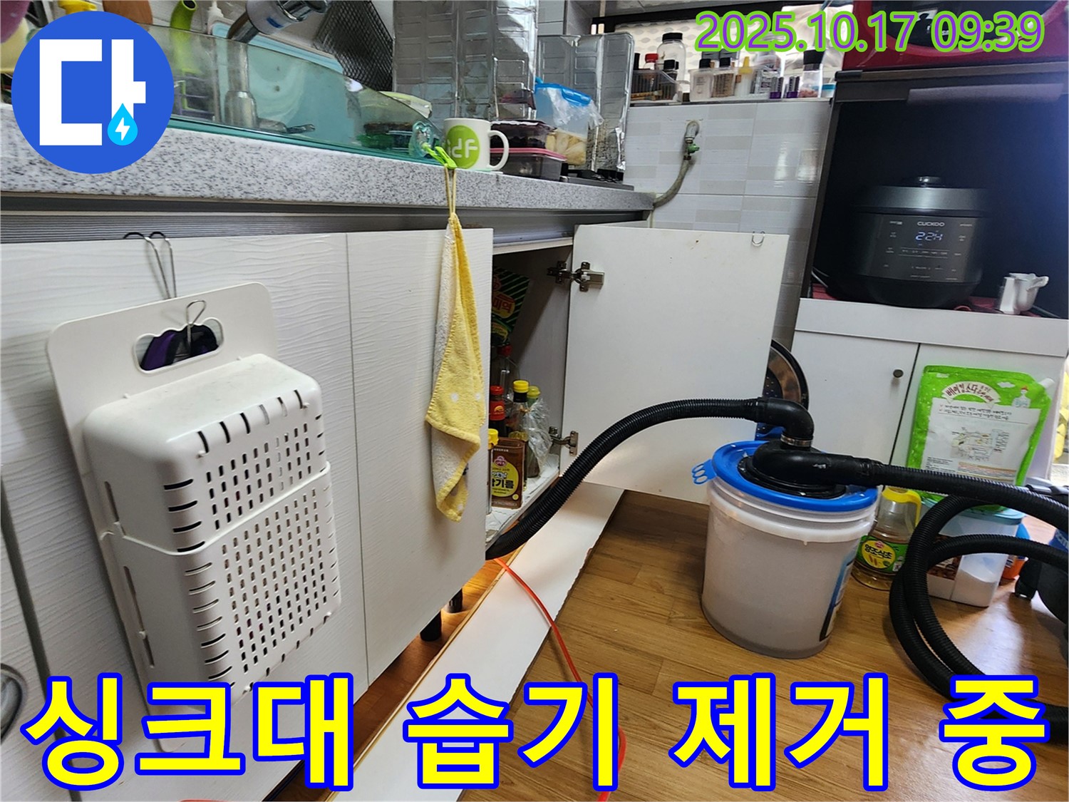 양주시 남면 한산리 낡은 주택 싱크대 하부장 습기 제거 작업 - 전문 장비로 꼼꼼하게 습기를 제거하는 모습입니다.