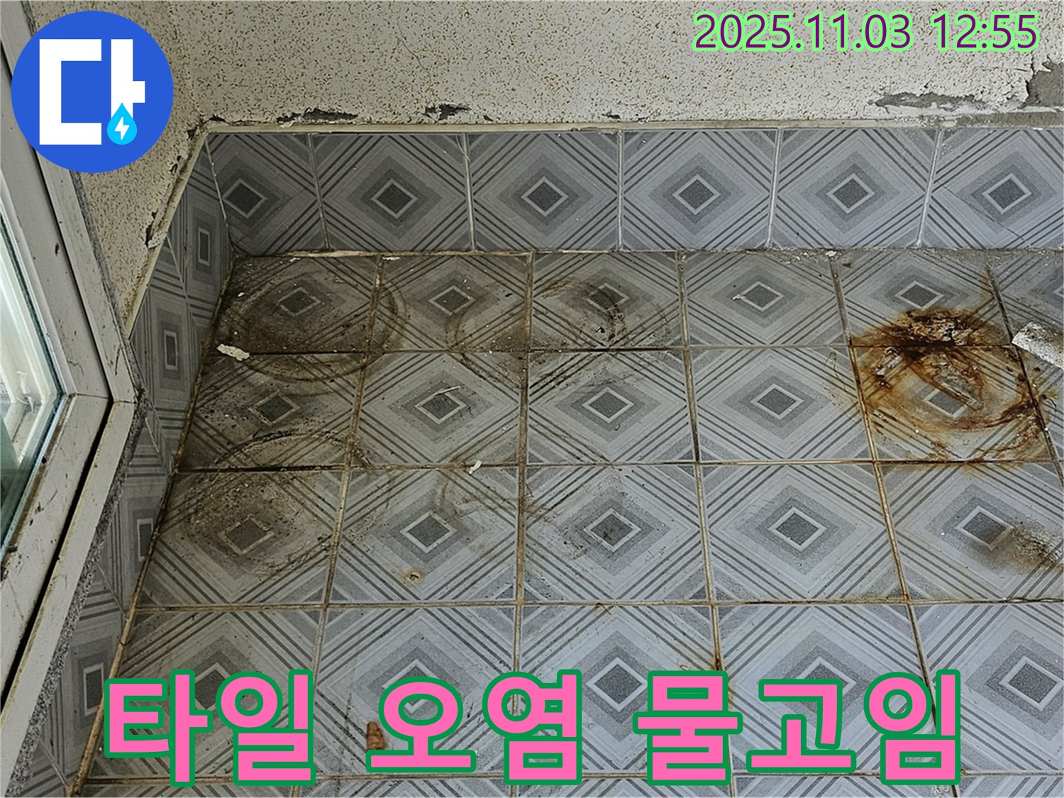 양천구 신월동 누수 현장 - 바닥 타일의 심한 오염과 물 고임은 누수의 심각한 증상 - 신속한 조치가 필요합니다.