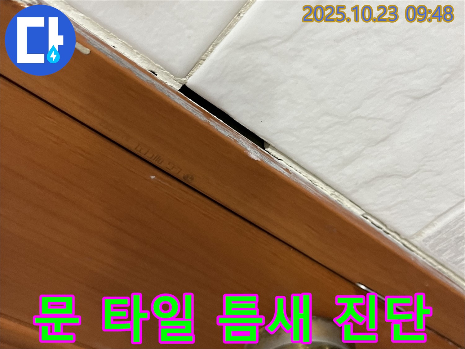 독산동 형제맨션빌 누수 현장 - 금천구 누수 전문가가 문과 타일 사이 틈새를 맞춤 진단하는 모습