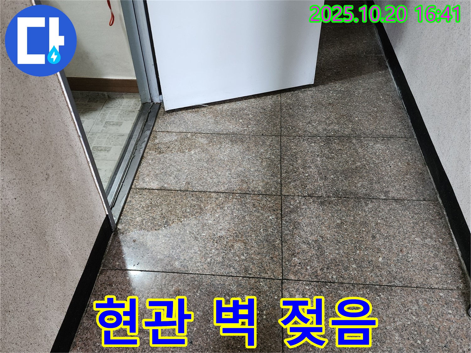 양주시 장흥면 부곡리 누수 현장 - 현관 벽이 젖어 있습니다 - 누수 가능성을 긴급히 확인해야 합니다.