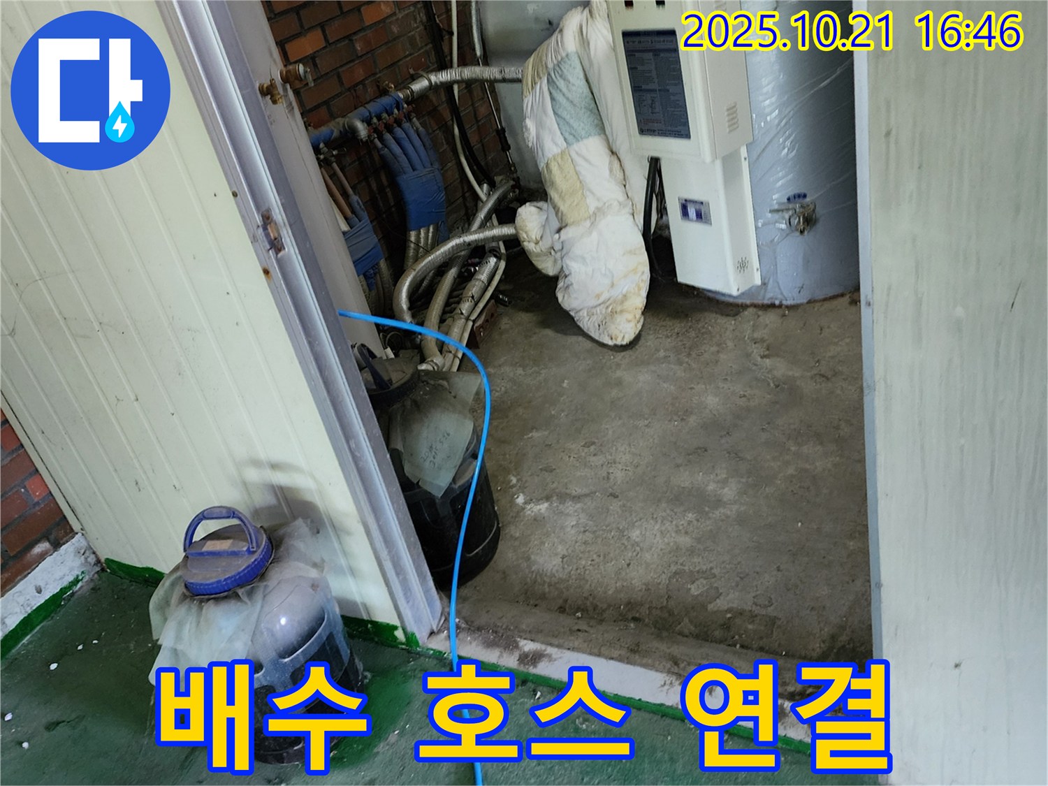 일영리에서 진행된 보일러 누수 배수 호스 연결 임시 조치 - 누수되는 물을 받아내기 위한 응급 상황 대처입니다.