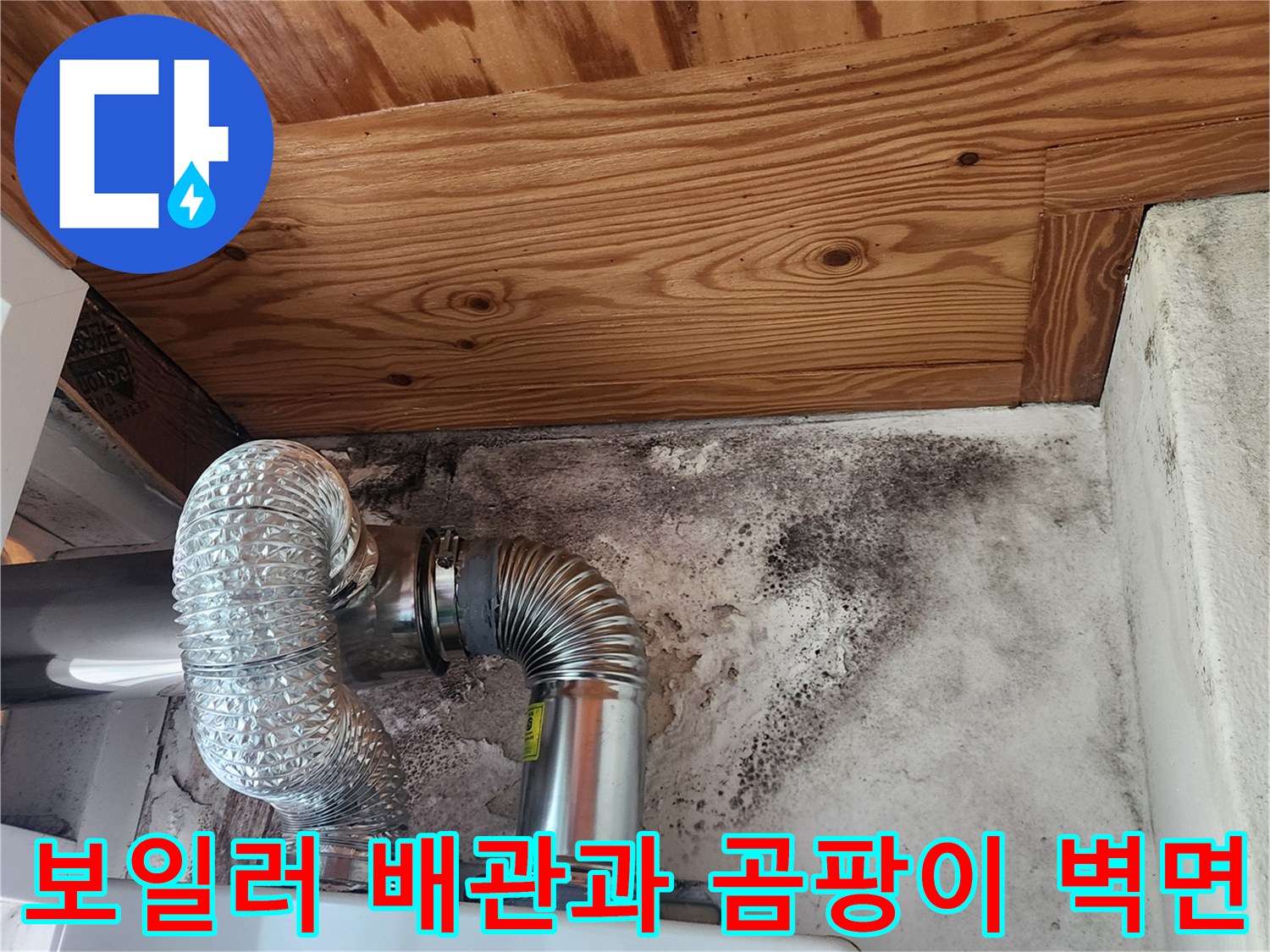 습기로 인해 오염된 보일러실 내벽과 천장 목재 구조물 상세 사진