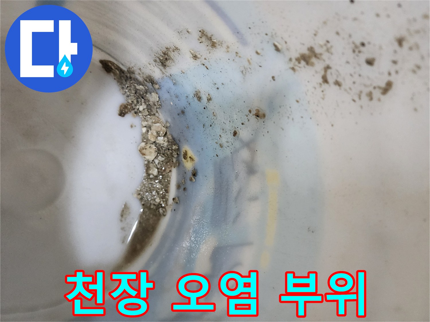천장 패널 주변의 물샘 및 오염된 콘크리트 면