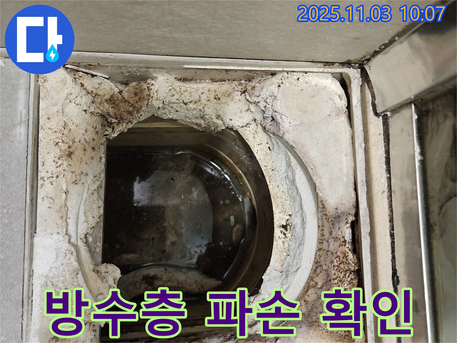 성동구 신금호파크자이 욕실 배수구 주변 - 방수층 파손으로 인한 누수