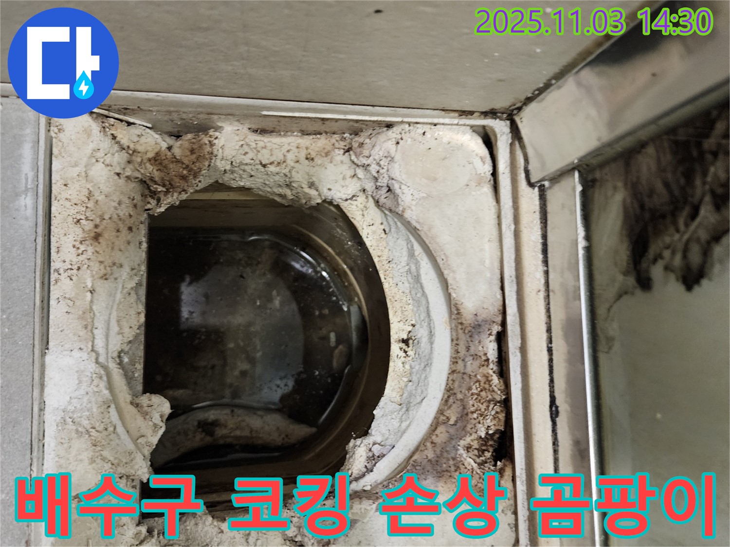 코킹 손상과 곰팡이가 함께 발생한 욕실 배수구 주변 - 누수 문제 해결과 함께 위생 관리도 중요합니다.