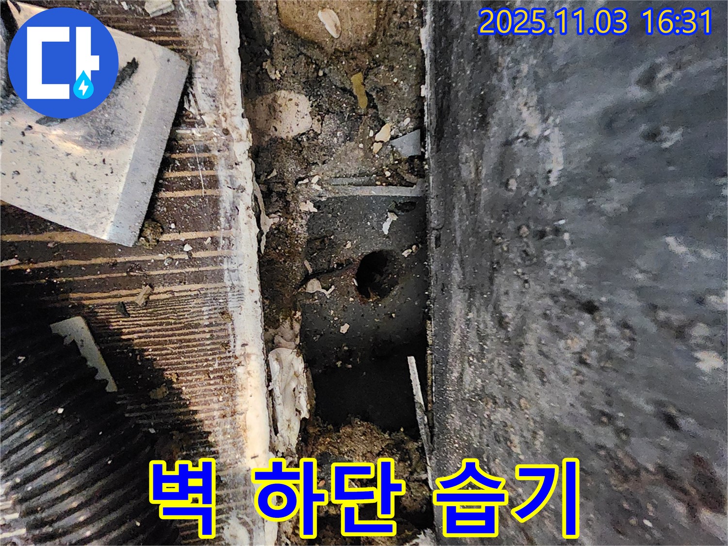 양주시 삼숭동 누수 현장 - 벽 하단 습기를 확인하고 누수 초기 증상을 의심하고 있습니다.