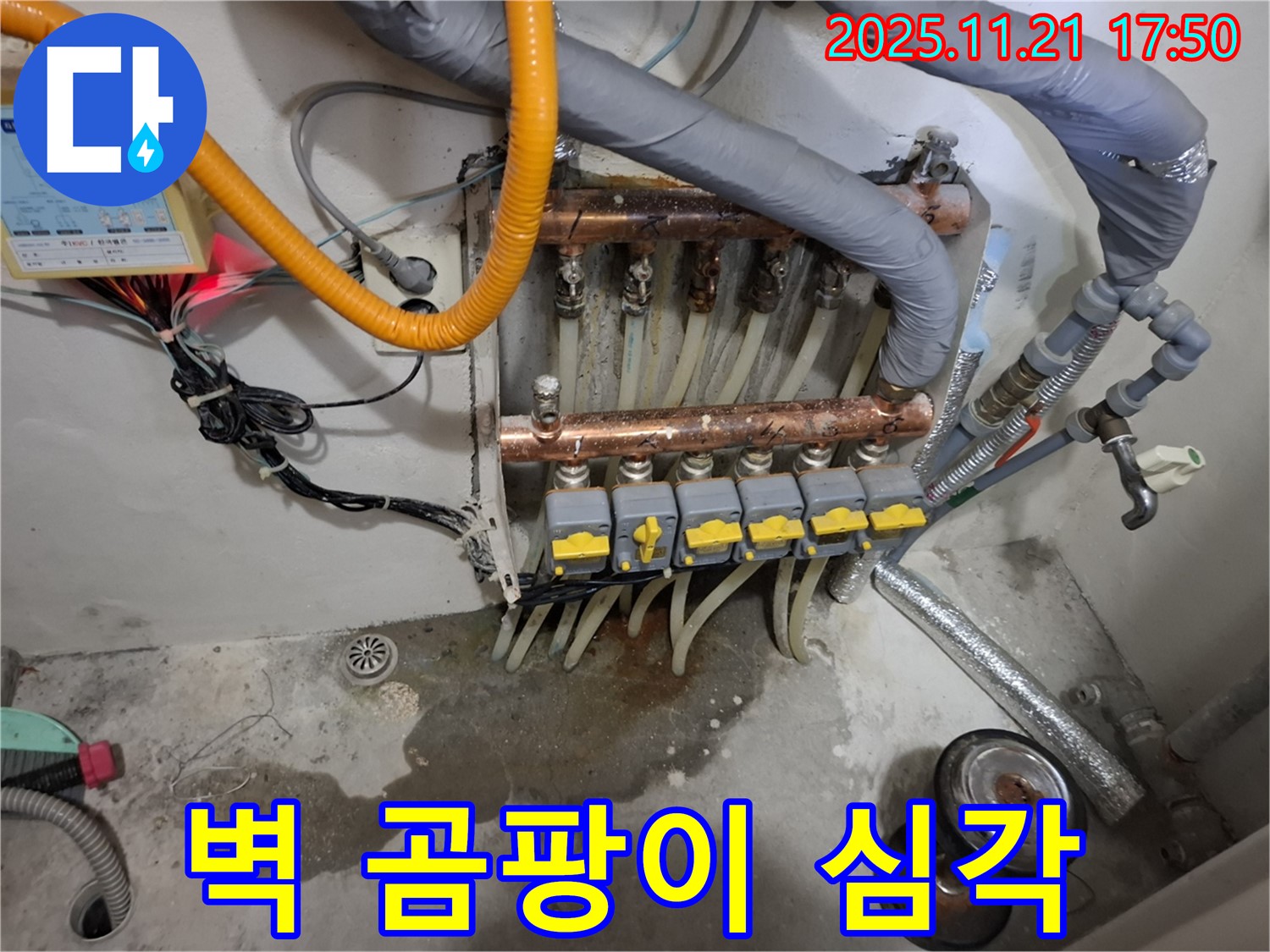 신림동 메가캐슬 난방 누수 - 분배기 주변 벽에 곰팡이가 심하게 발생하여 건강에도 해로울 수 있습니다.