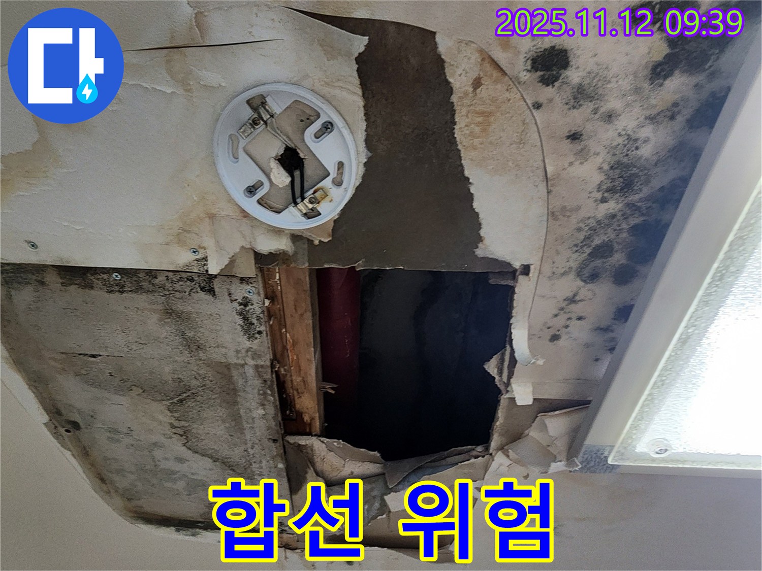누수로 인한 전기 합선 위험 - 천장 배선 노출 및 누수로 인한 전기 사고 위험