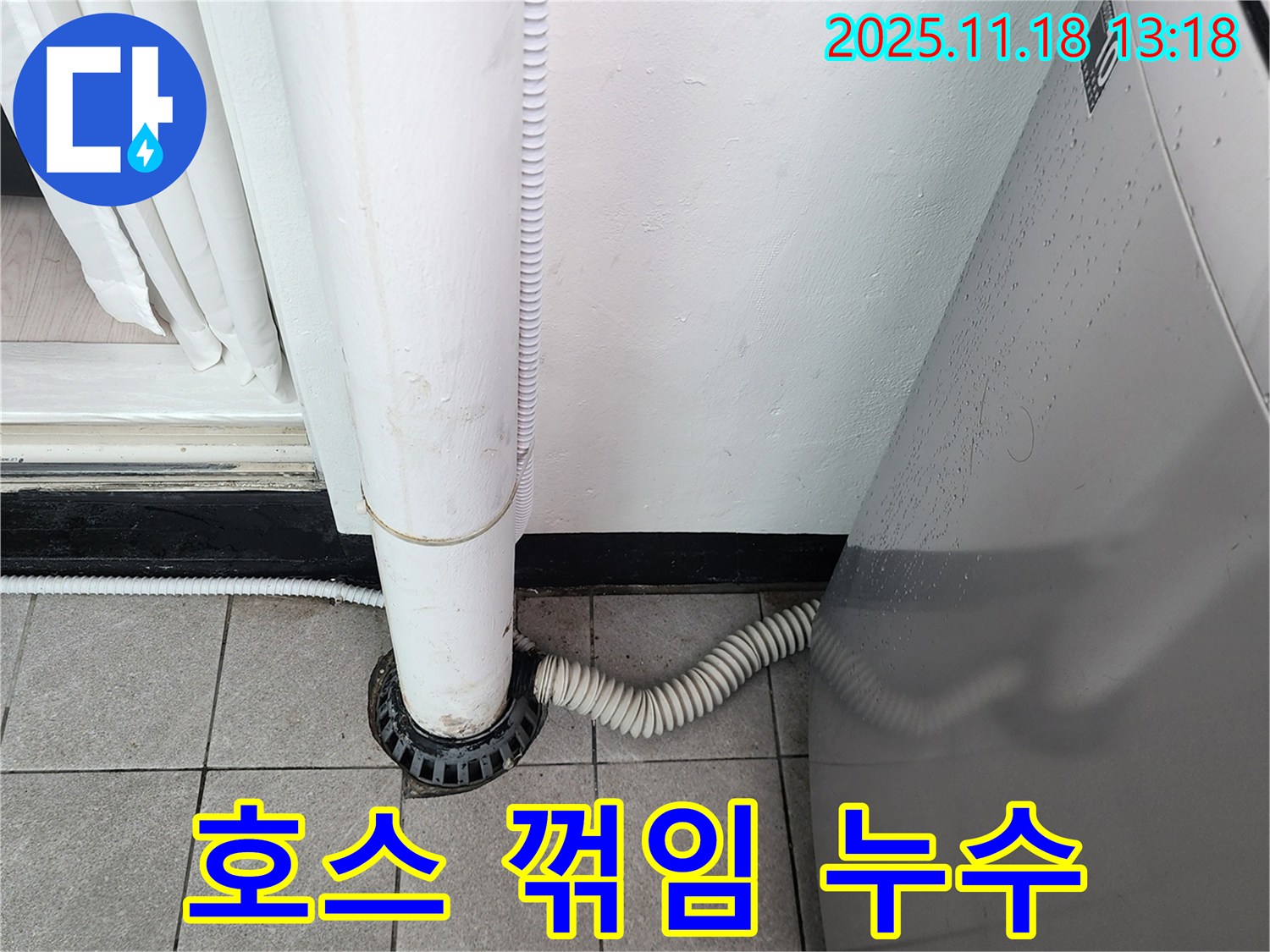 세탁기 배수 호스가 심하게 꺾여 - 물이 제대로 흐르지 못하고 있습니다.